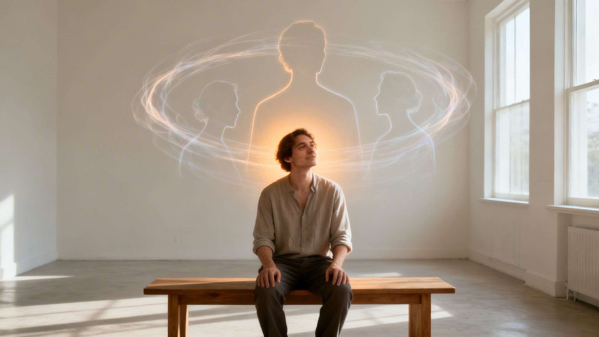 A man sits, looking up, surrounded by glowing outlines of people and ethereal light patterns.