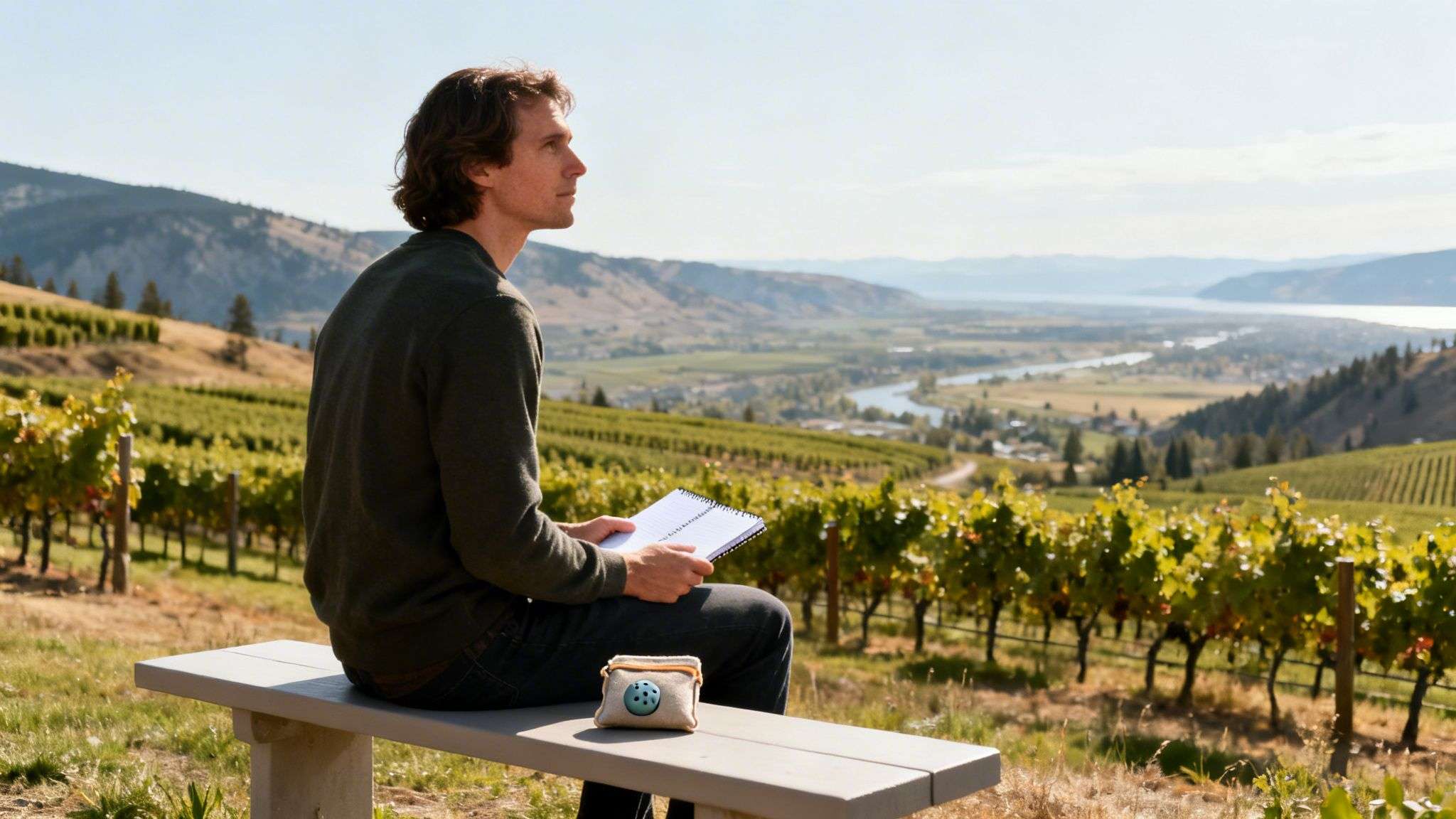 A man sits on a bench in a vineyard, sketching, overlooking a scenic valley with a river and lake.