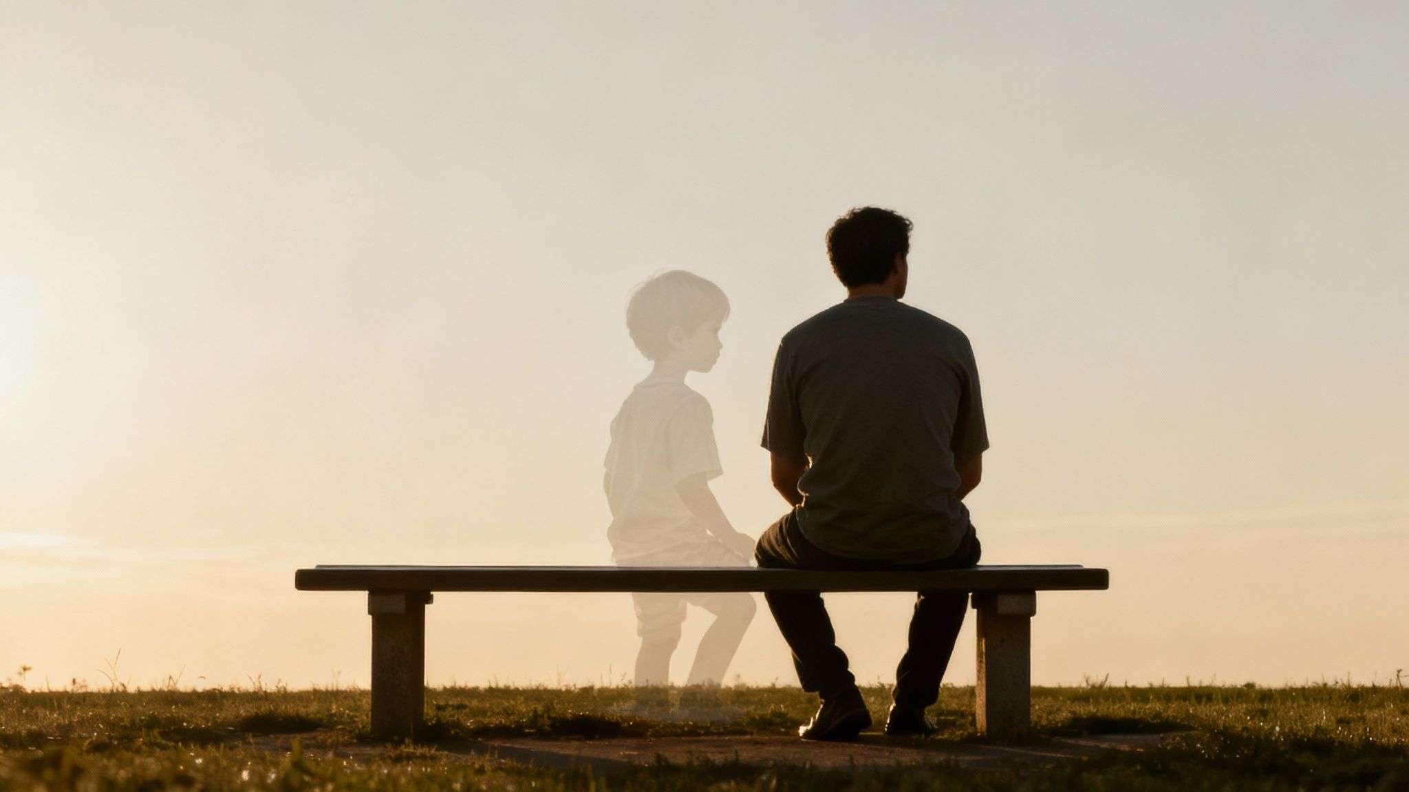 A man sits on a bench with a transparent image of a child, reflecting on the past at sunset.
