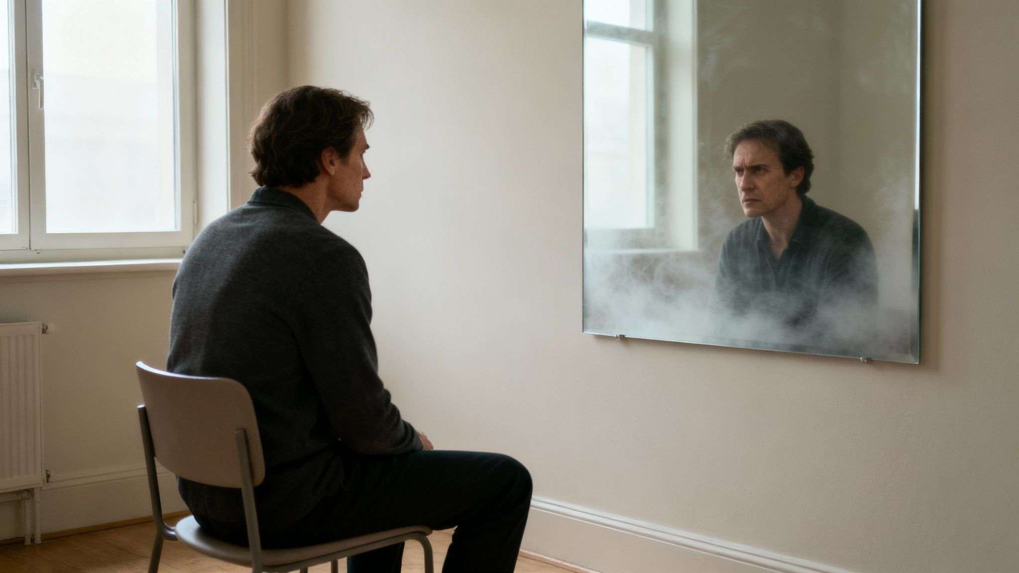 A man sits on a chair, looking into a mirror where his reflection appears distressed amidst fog.