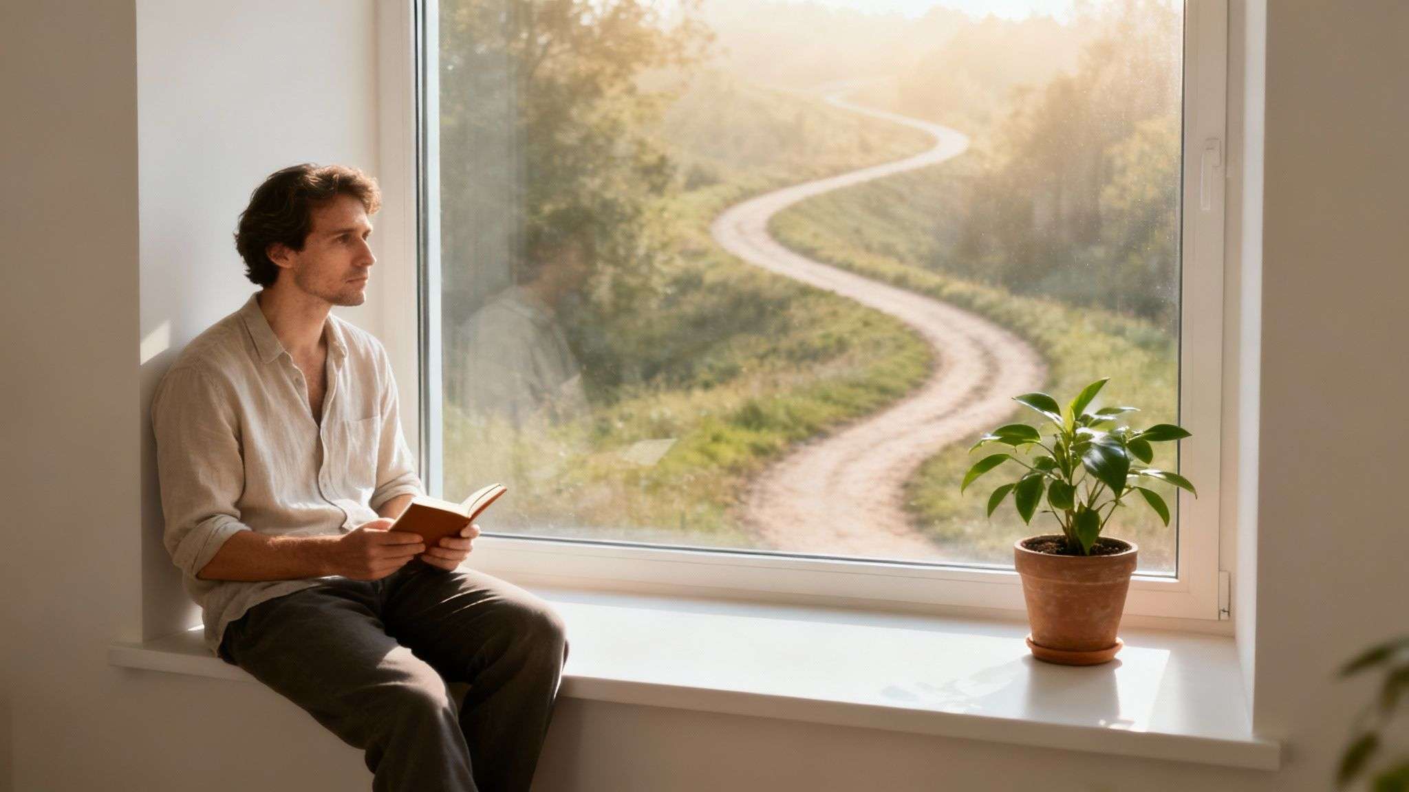 A man sits on a windowsill, reading a book and looking out at a winding dirt road in the countryside.