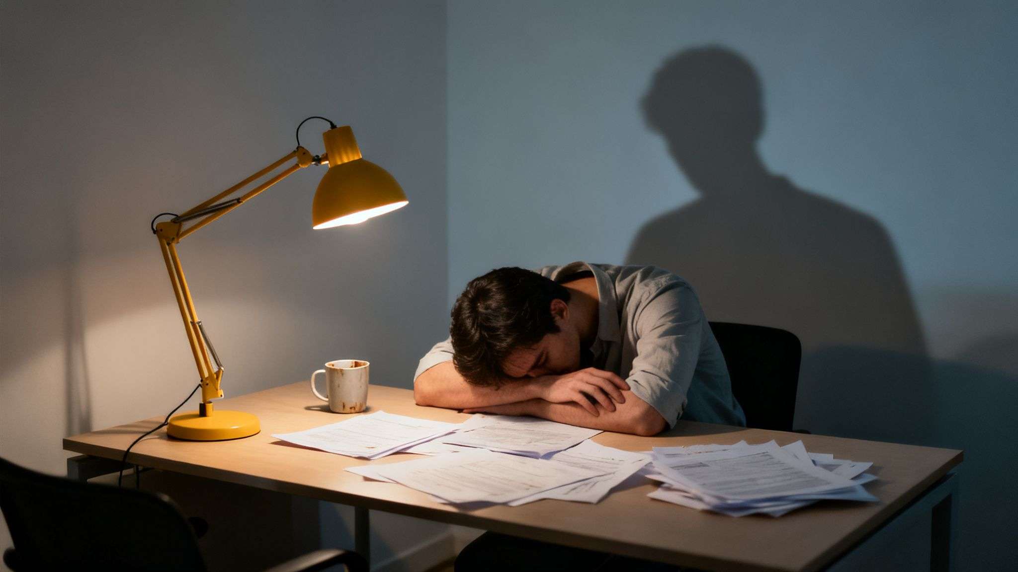 A man sleeps exhausted on a desk piled with papers under the light of a yellow lamp.