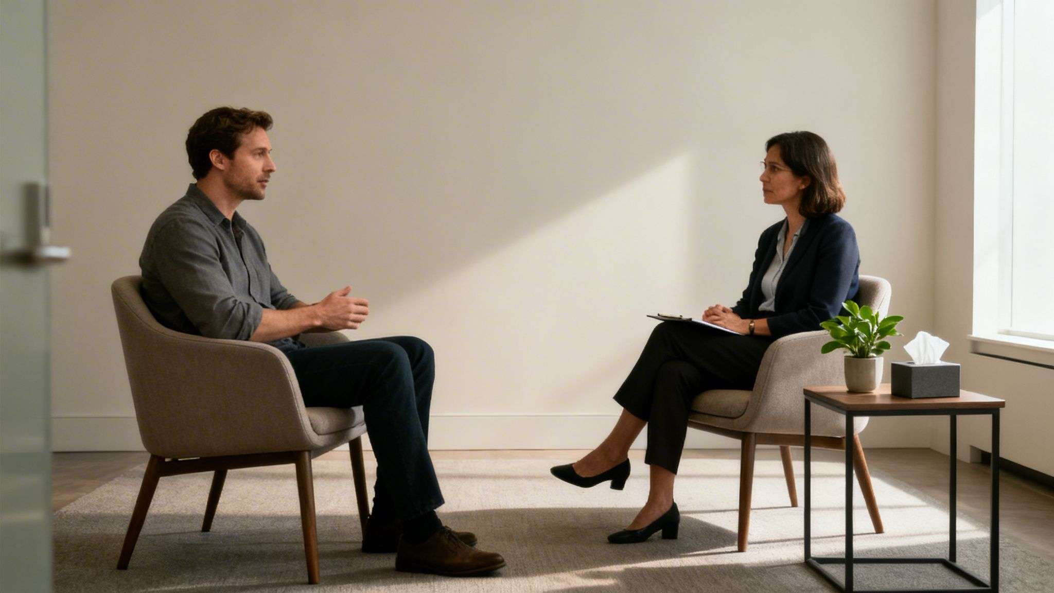 A man talking to a female therapist with a clipboard in a bright office.