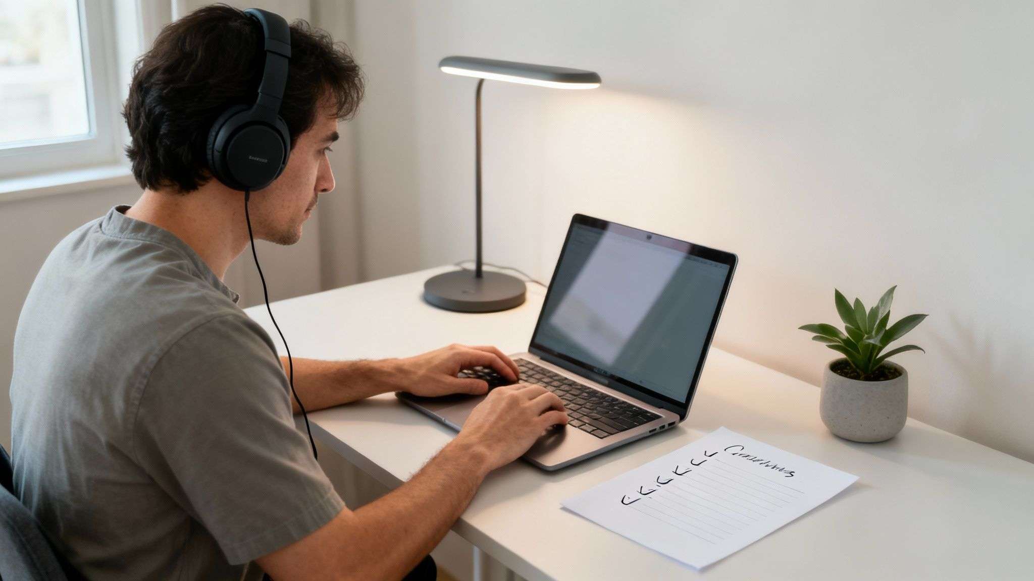 A man wearing headphones works on a laptop at a desk with a lamp and plant.