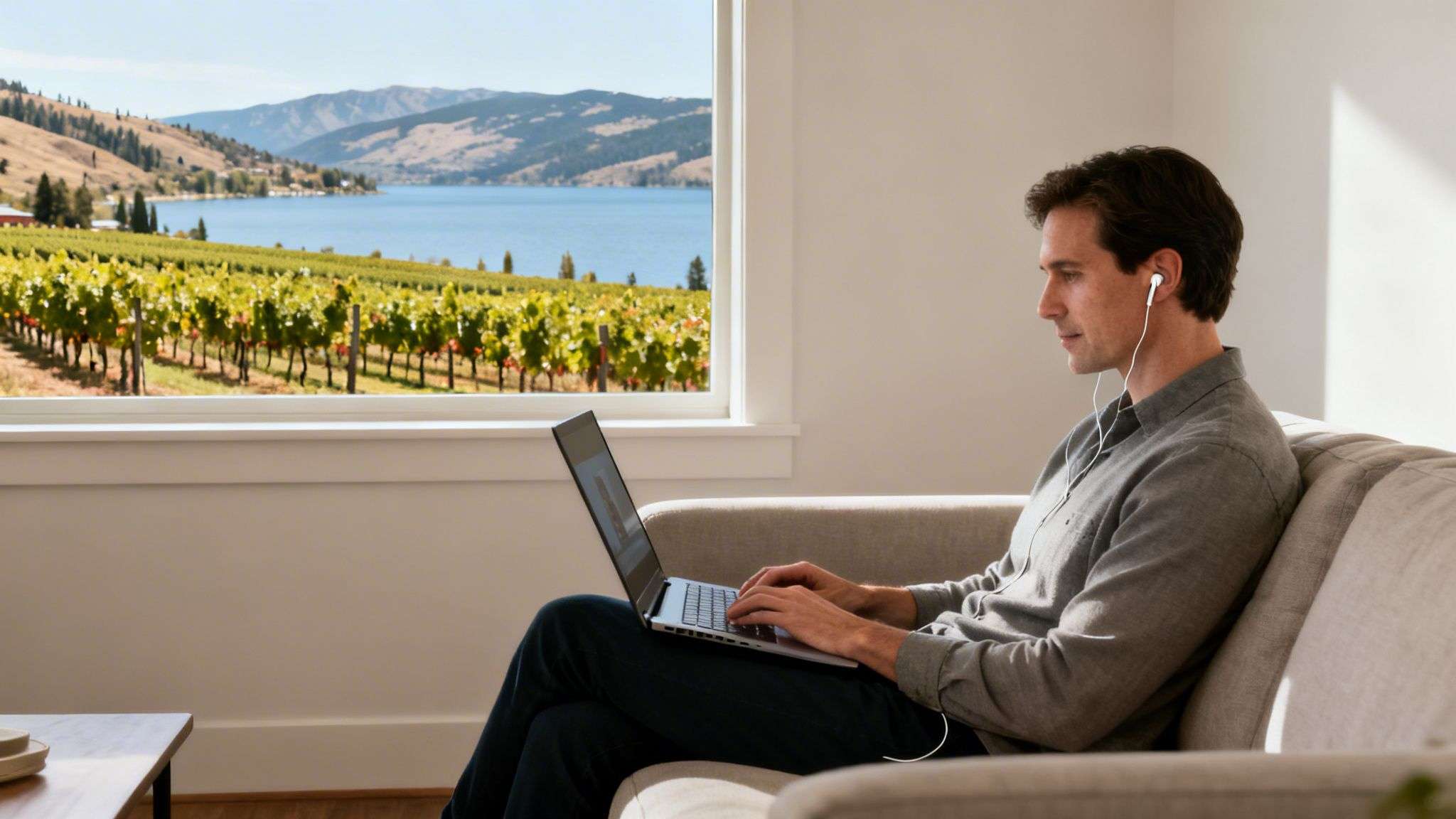 A man working on his laptop with earbuds, enjoying a scenic view of a vineyard and lake.