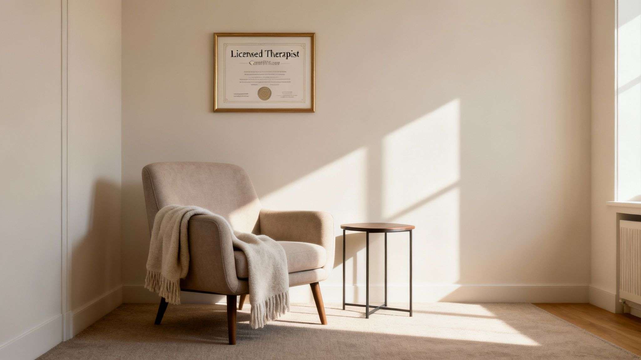 A minimalist and warm therapy office with a framed 'Licensed Therapist' certificate, a beige armchair, and a side table.