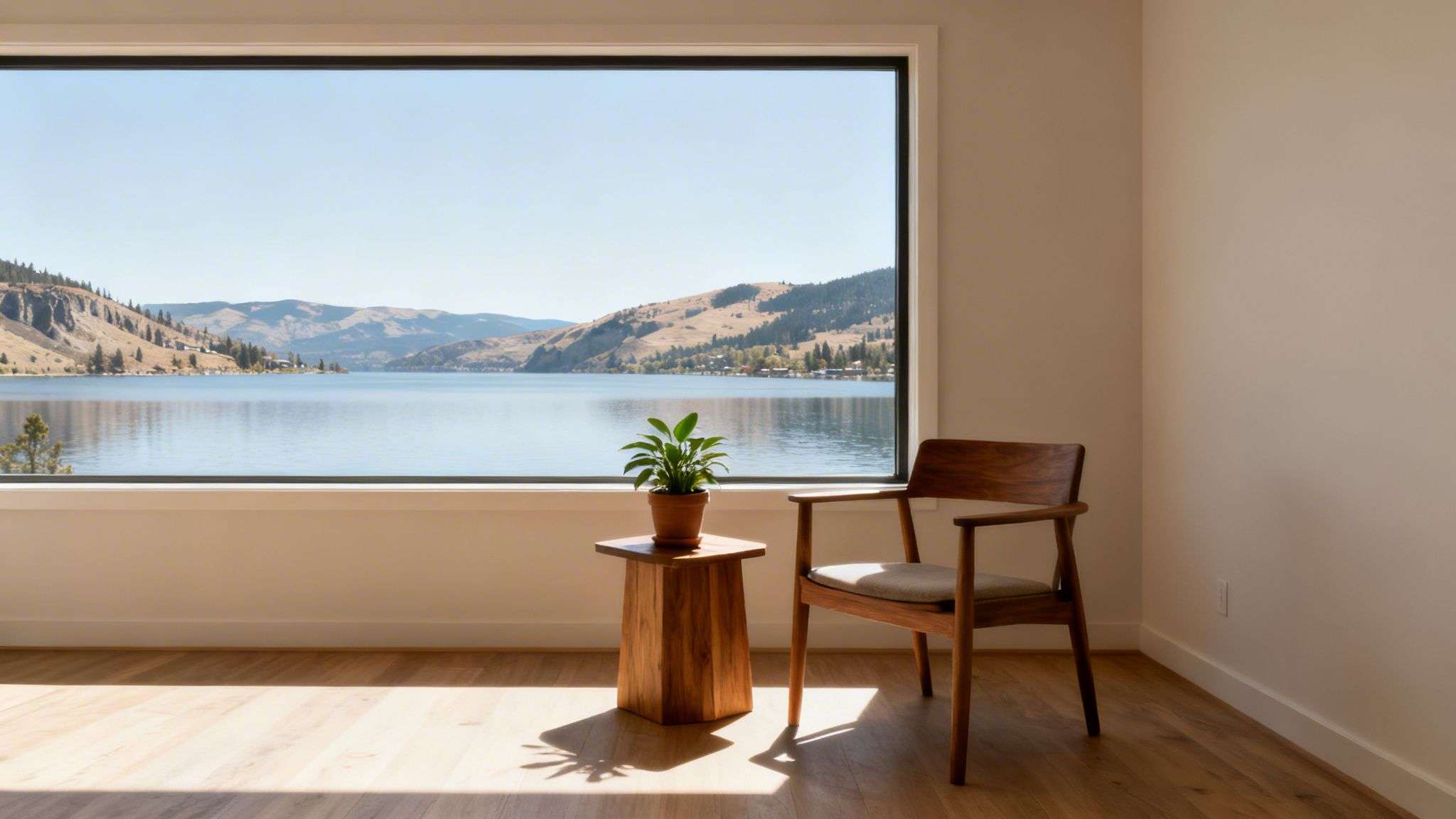 A minimalist room featuring a large window with a beautiful view of a calm lake and distant mountains, with a plant on a side table and a wooden chair.