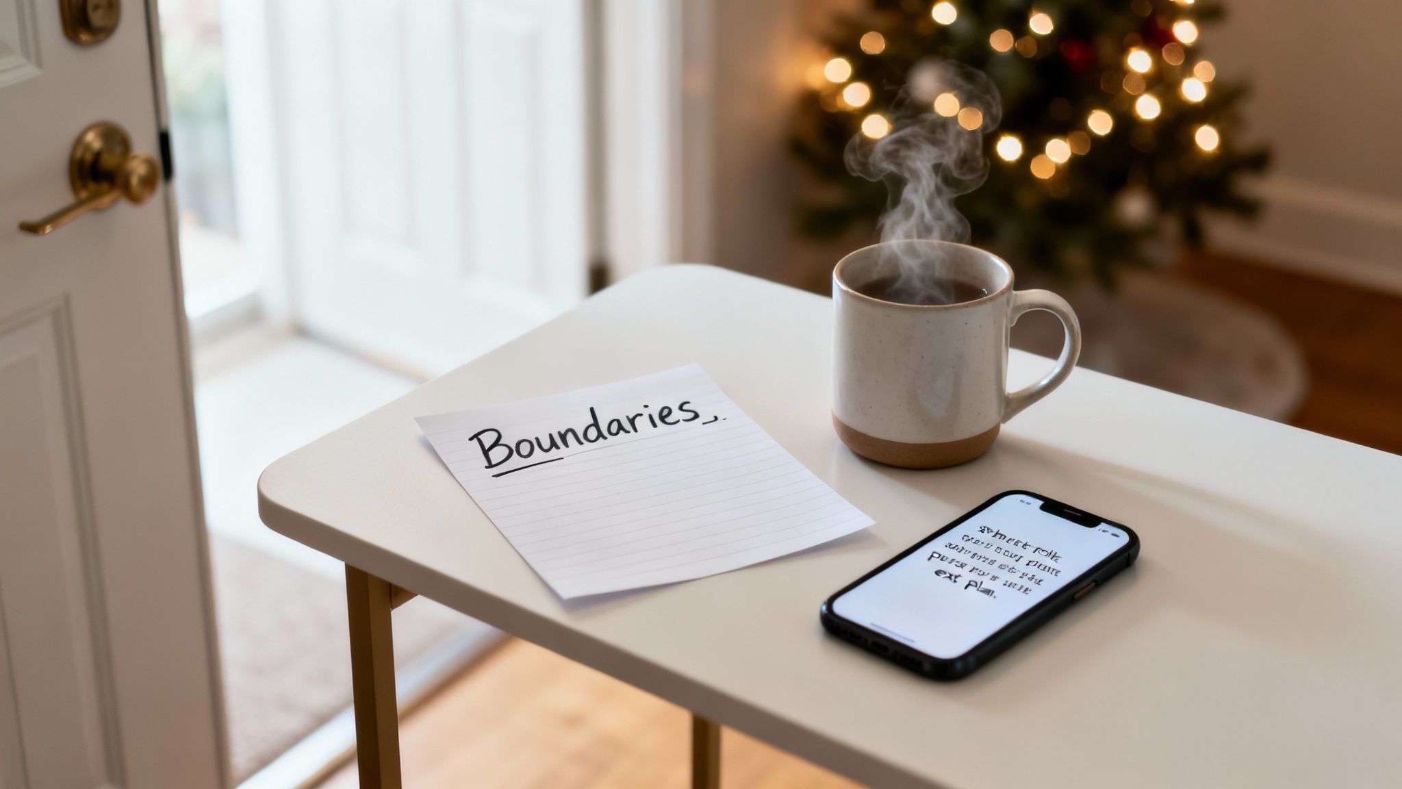 A paper with "Boundaries", a steaming mug, and a phone on a table, with a Christmas tree in the background.