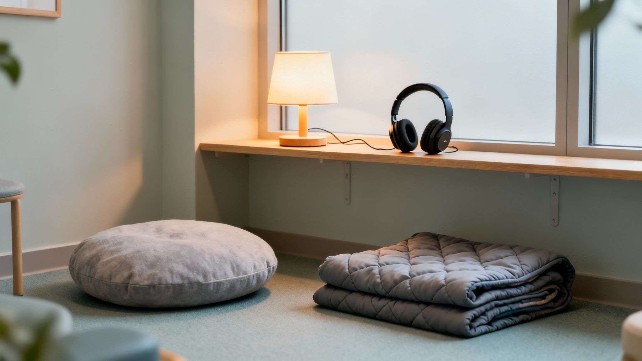 A peaceful room designed for relaxation, featuring a floor cushion, weighted blanket, lamp, and headphones by a window.