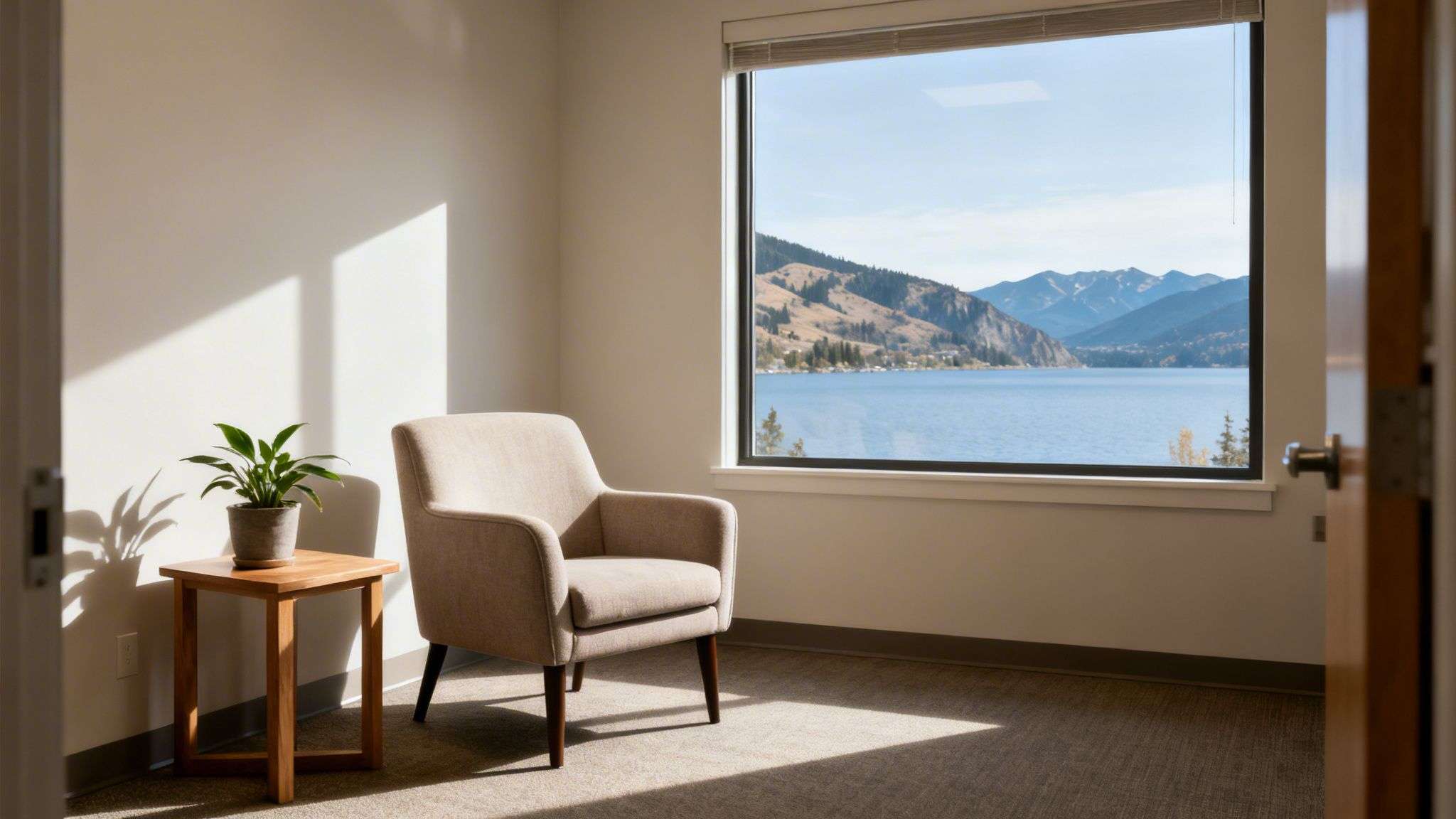 A peaceful therapy room with a window view of a serene lake and distant mountains, featuring a comfortable armchair and a green plant on a side table.