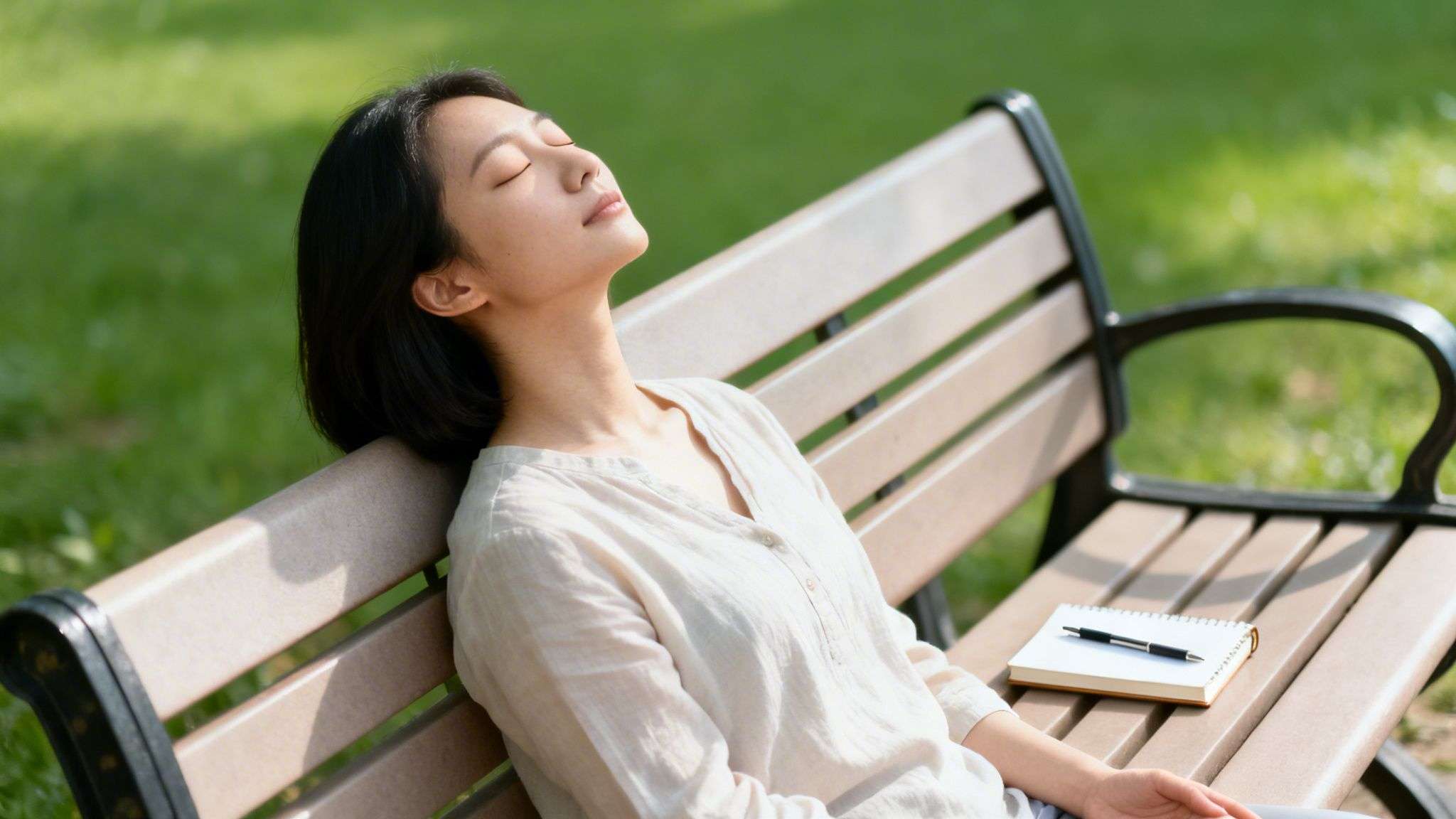 A peaceful young woman with closed eyes relaxes on a park bench, enjoying the sun.