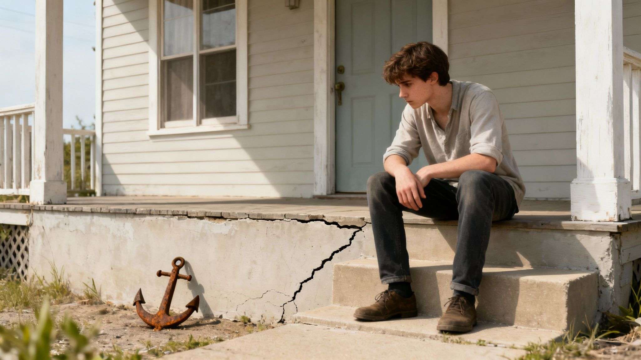 A pensive young man sits on the cracked porch steps of an old house with a rusty anchor.