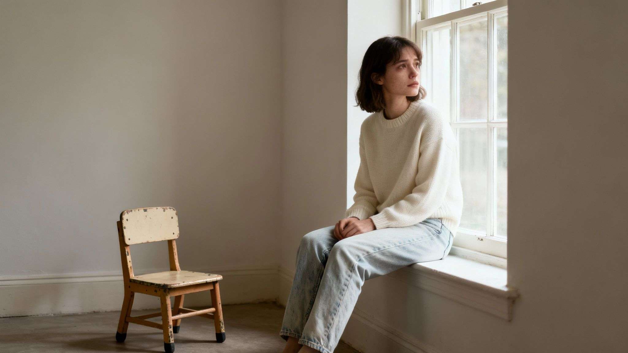 A pensive young woman sits on a windowsill looking out, with an old chair nearby.