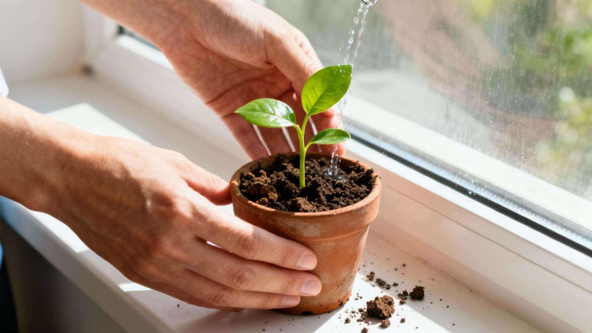A person carefully waters a young potted plant with vibrant green leaves on a bright windowsill.