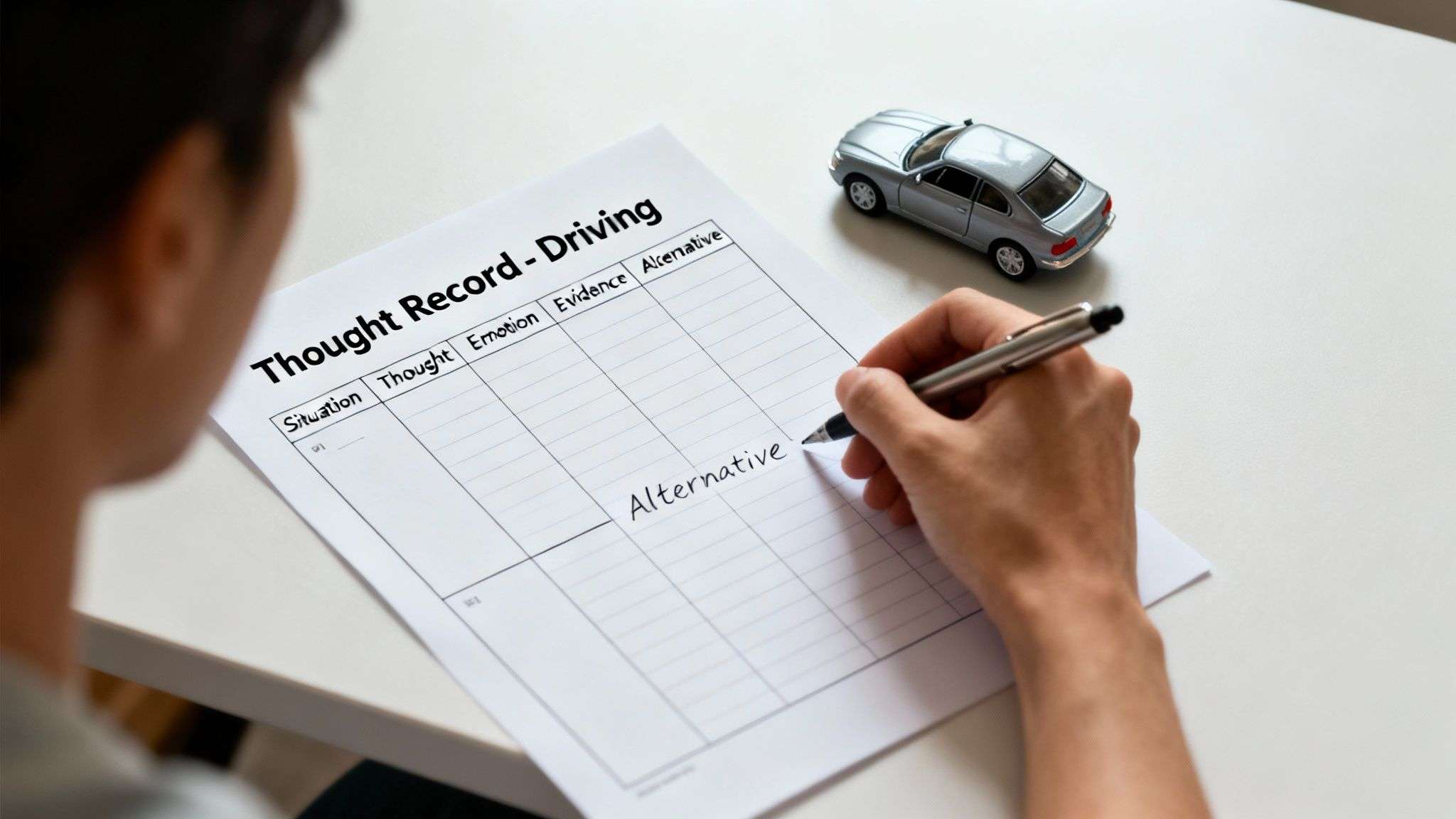 A person is filling out a 'Thought Record - Driving' form, writing 'Alternative' with a pen, a toy car nearby.