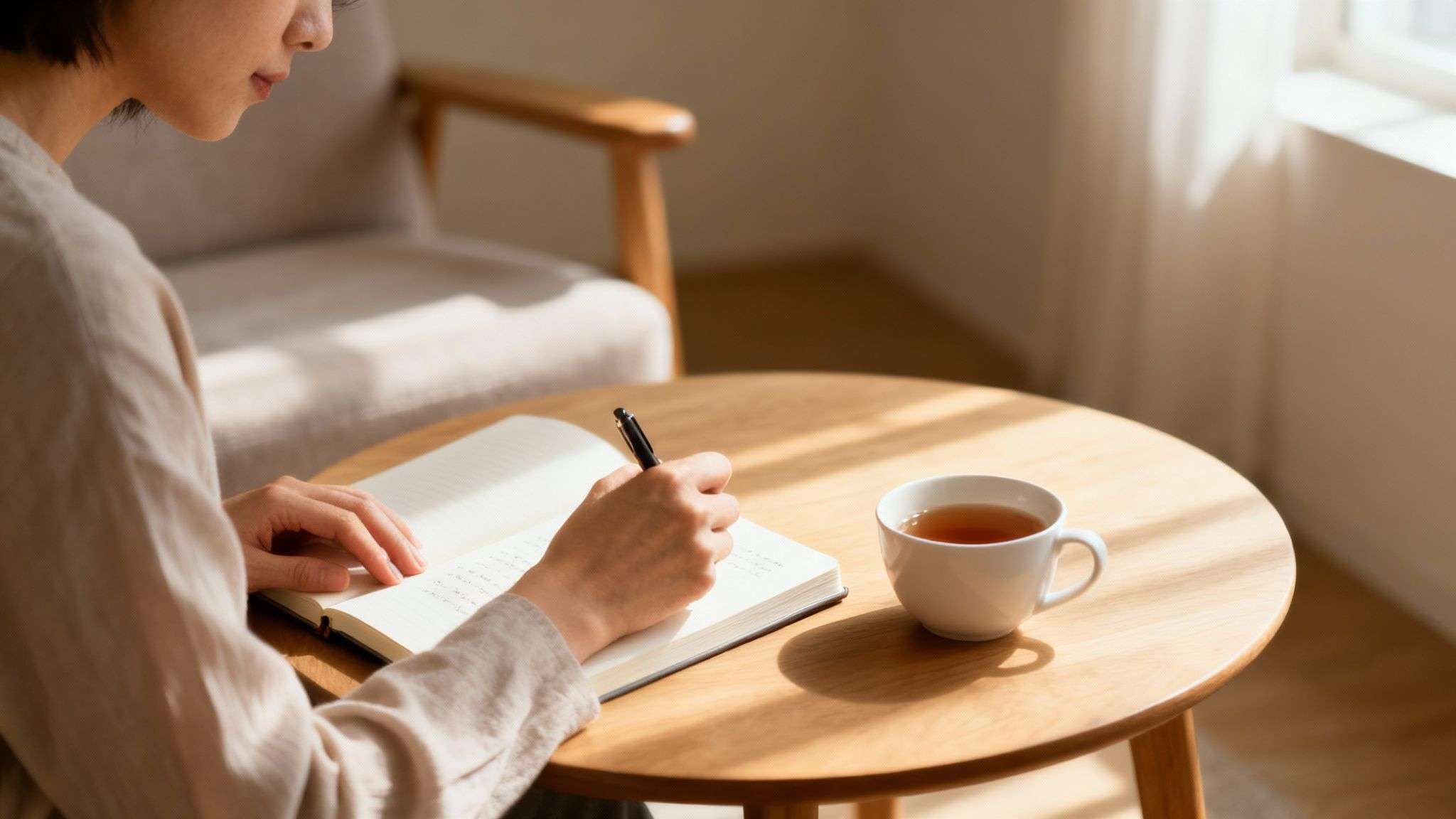 A person is writing in a notebook with a pen, next to a cup of tea on a wooden table.