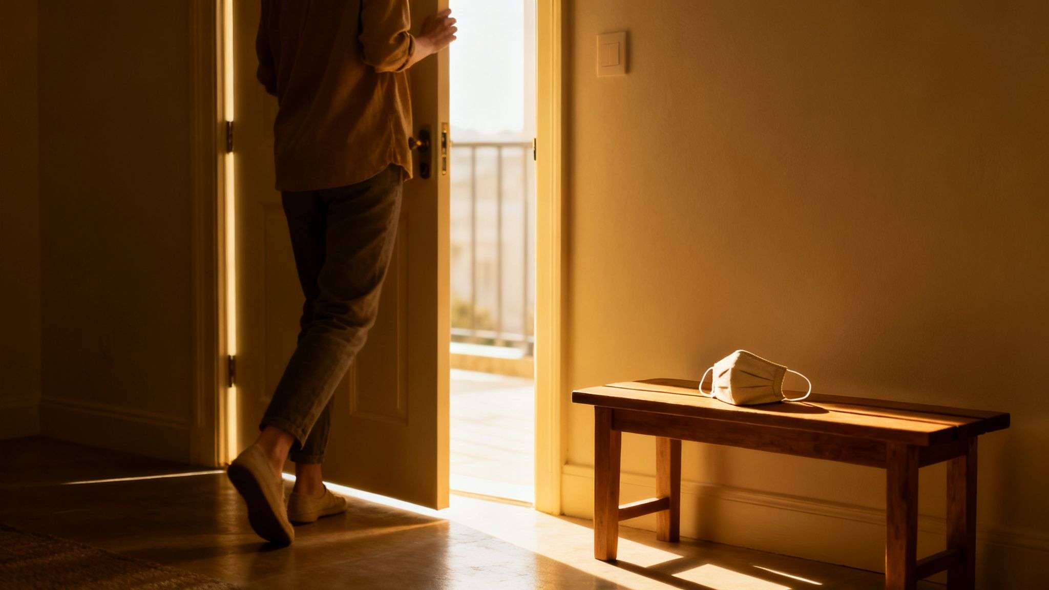 A person leaves through a sunlit doorway, a beige face mask resting on a wooden bench.