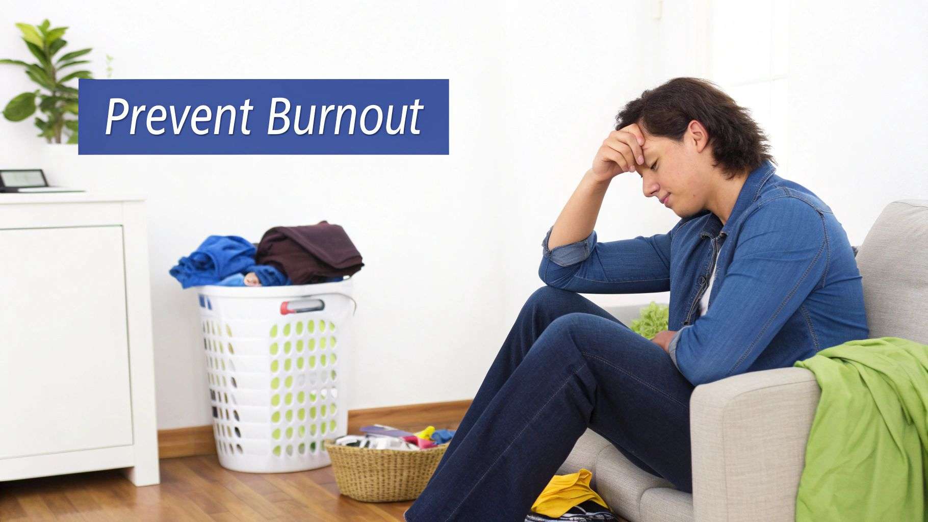 A person looking stressed on a couch next to a full laundry basket, with text 'Prevent Burnout'.