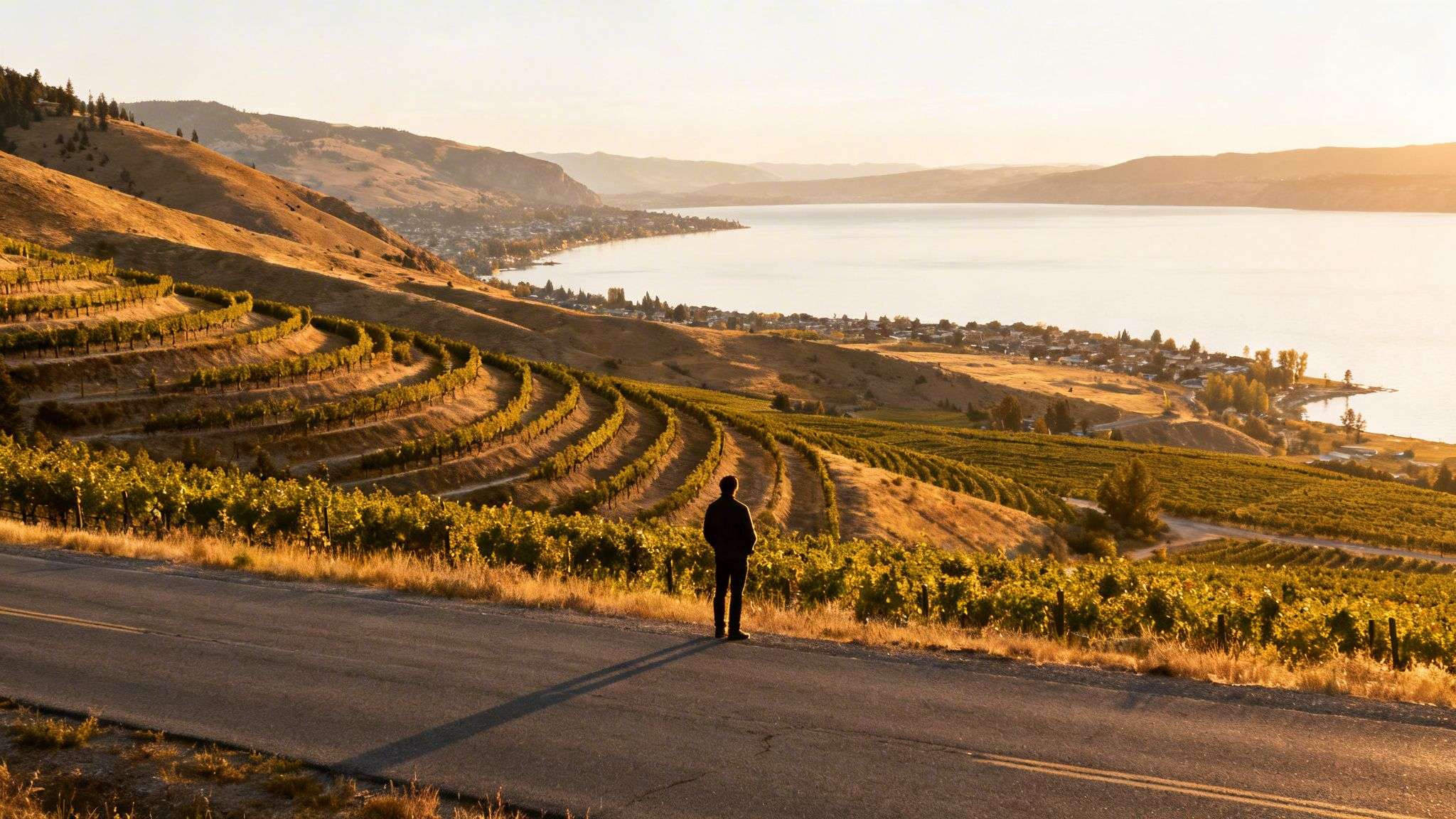 A person on a road overlooks terraced vineyards, a shimmering lake, and a town at sunset.