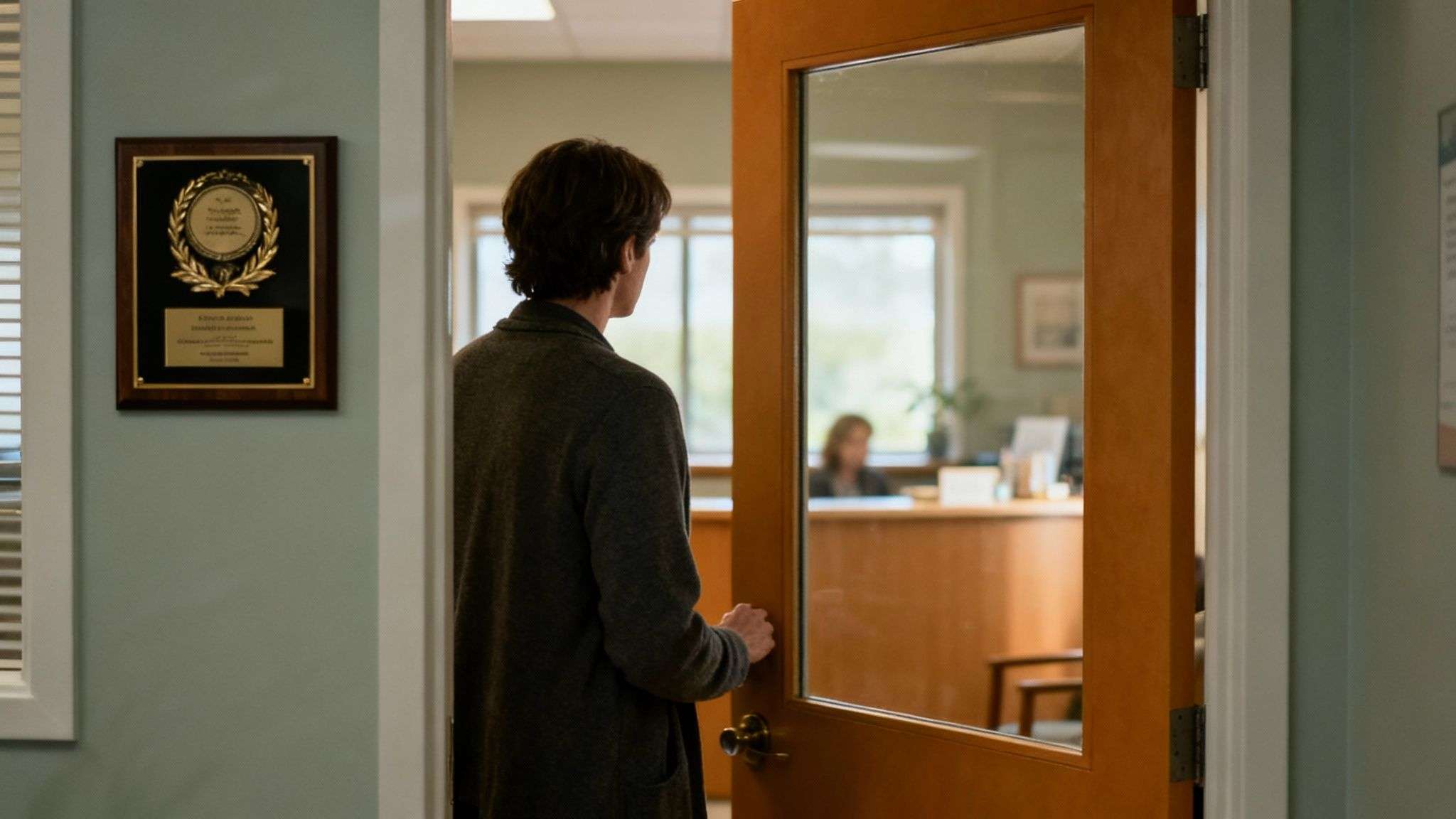 A person opens an office door, revealing a reception area and an award plaque on the wall.