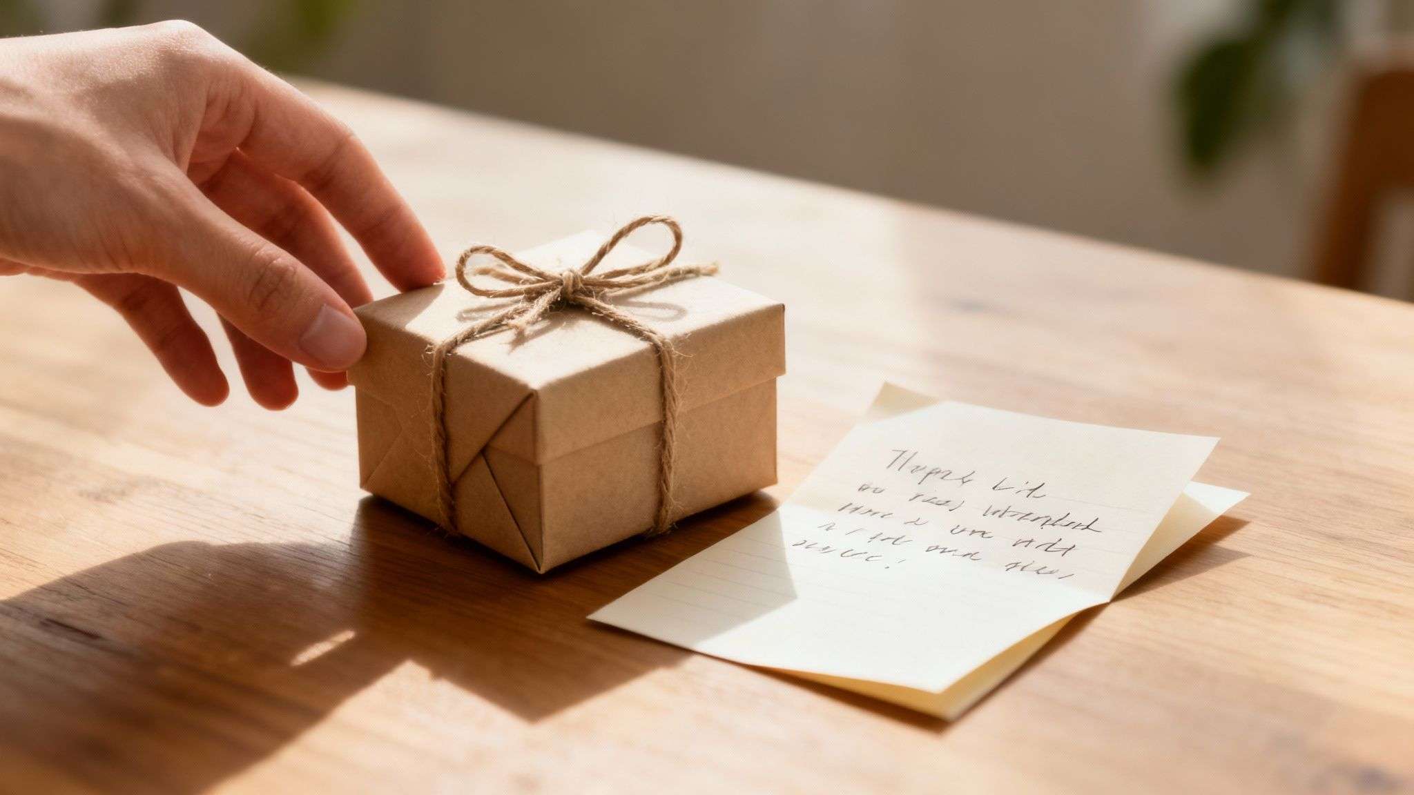 A person's hand reaches for a small, brown gift box tied with twine, next to a handwritten note on a wooden table.