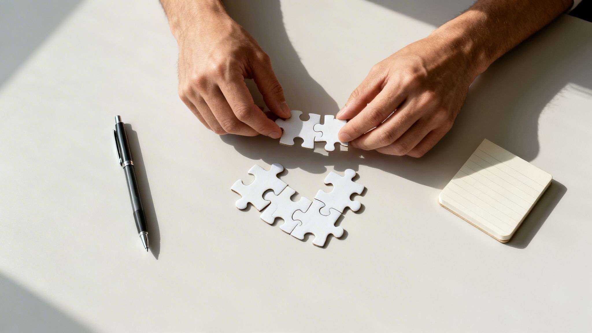 A person's hands assembling white puzzle pieces on a table next to a pen and notepad.