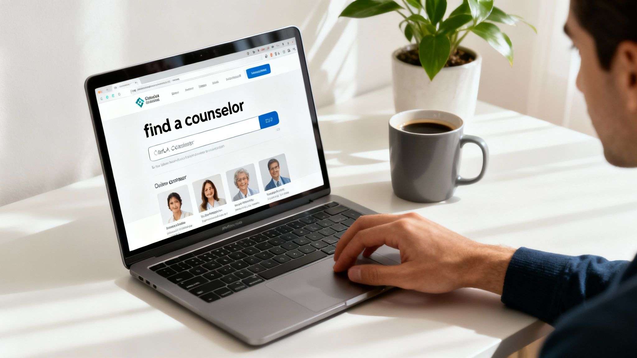 A person's hands holding a mug while typing on a laptop, searching for information.