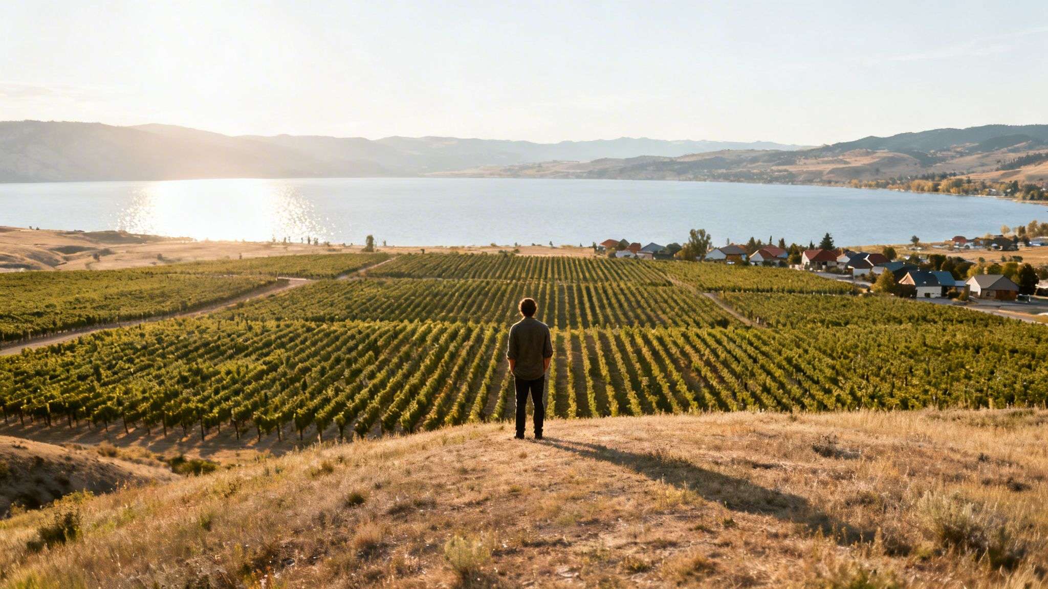 A person stands overlooking a vast vineyard, a glistening lake, and distant mountains under a bright sky.
