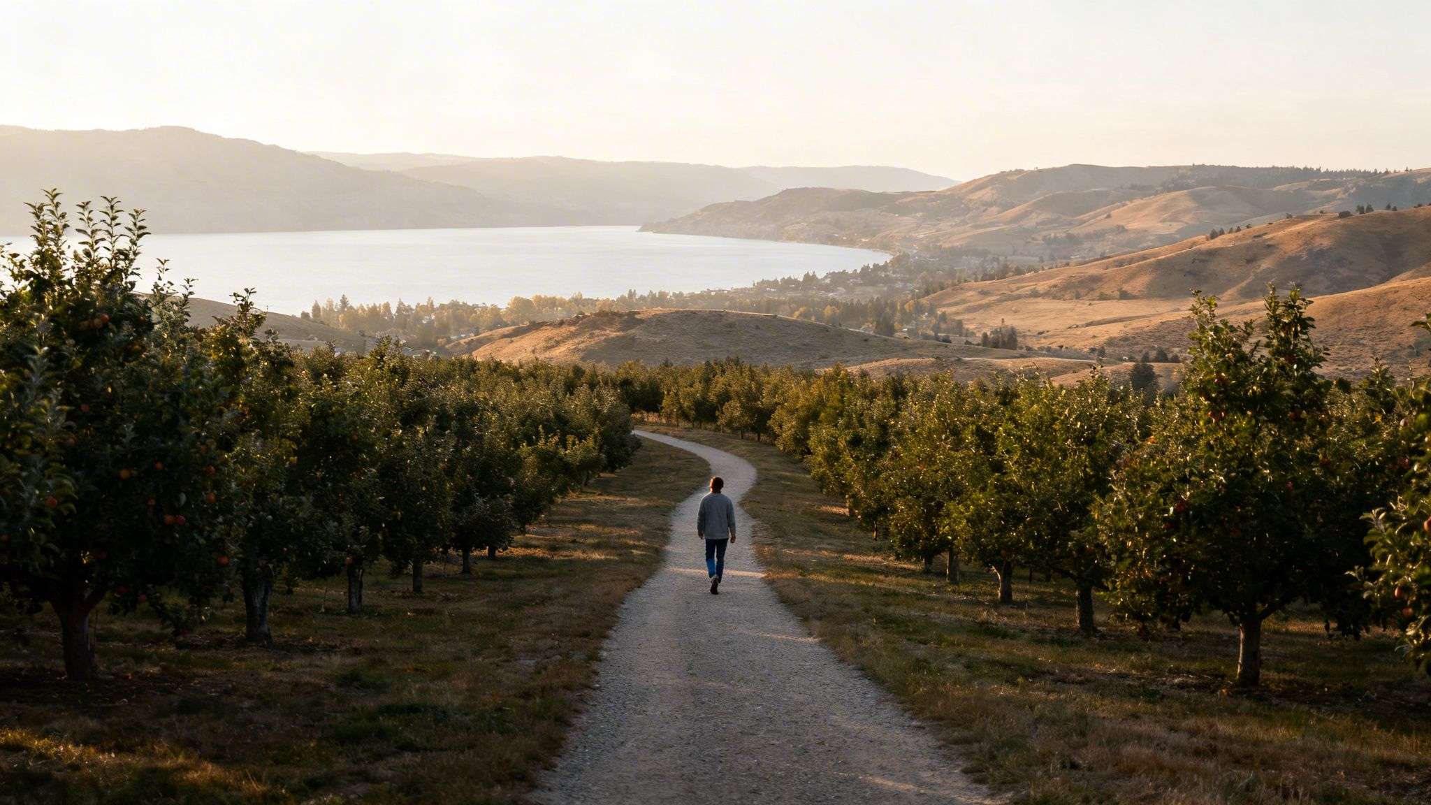 A person walks down a winding path through an apple orchard overlooking a lake and golden hills at sunset.