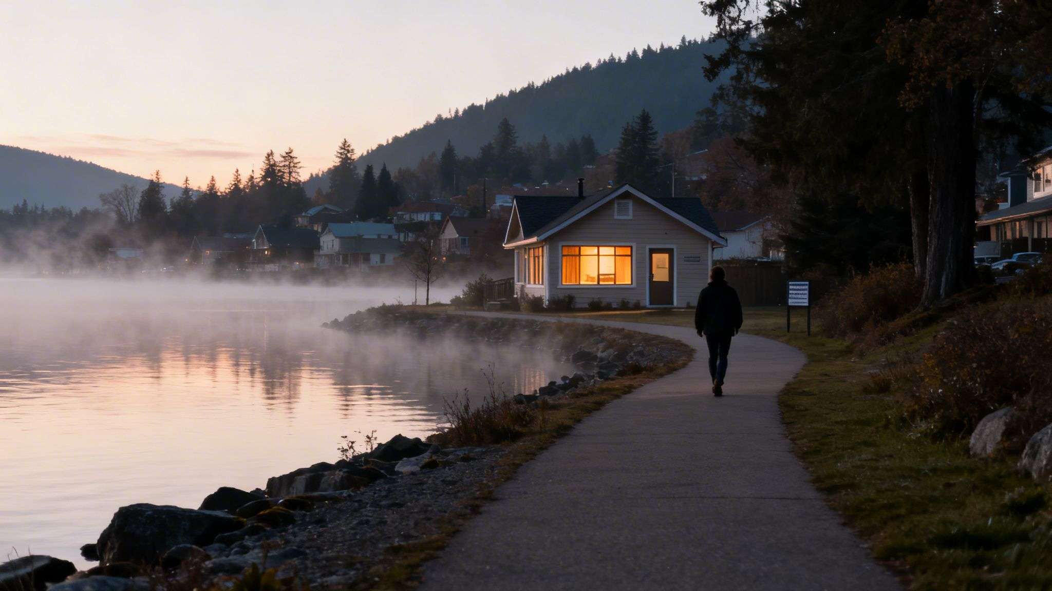 A person walks on a path next to a misty lake with a cozy illuminated house at dawn.