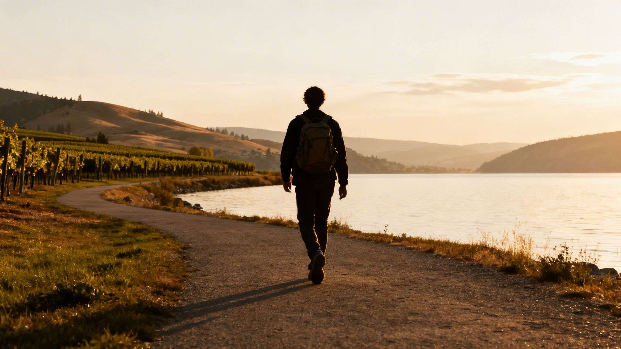 A person with a backpack walks on a path next to a lake and vineyard at sunset.