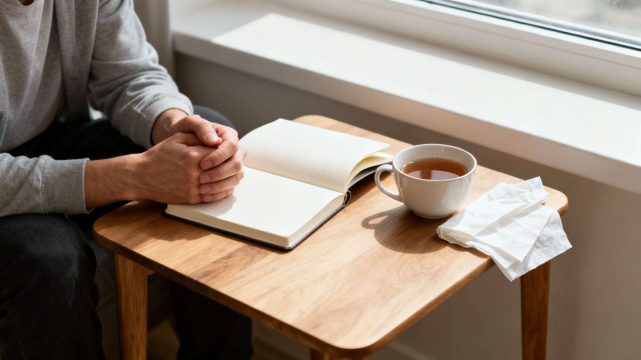 A person with clasped hands sits by a window, next to a table with an open notebook, tea, and tissues.
