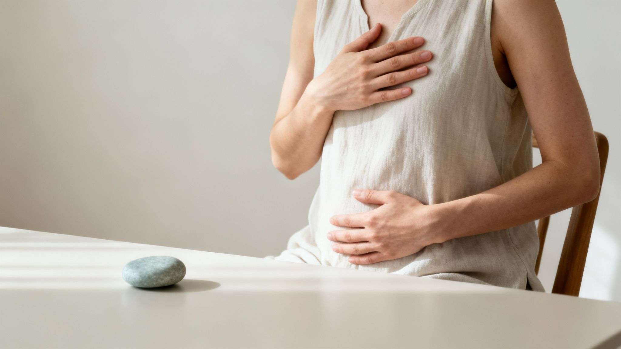 A person with hands on chest and stomach, possibly experiencing a panic attack or anxiety.