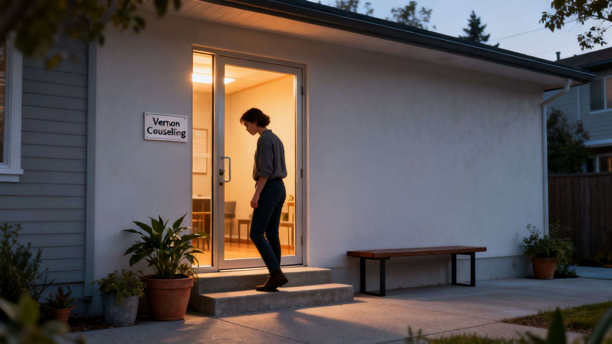 A person with short hair exits a brightly lit 'Vernon Counselling' building at dusk.
