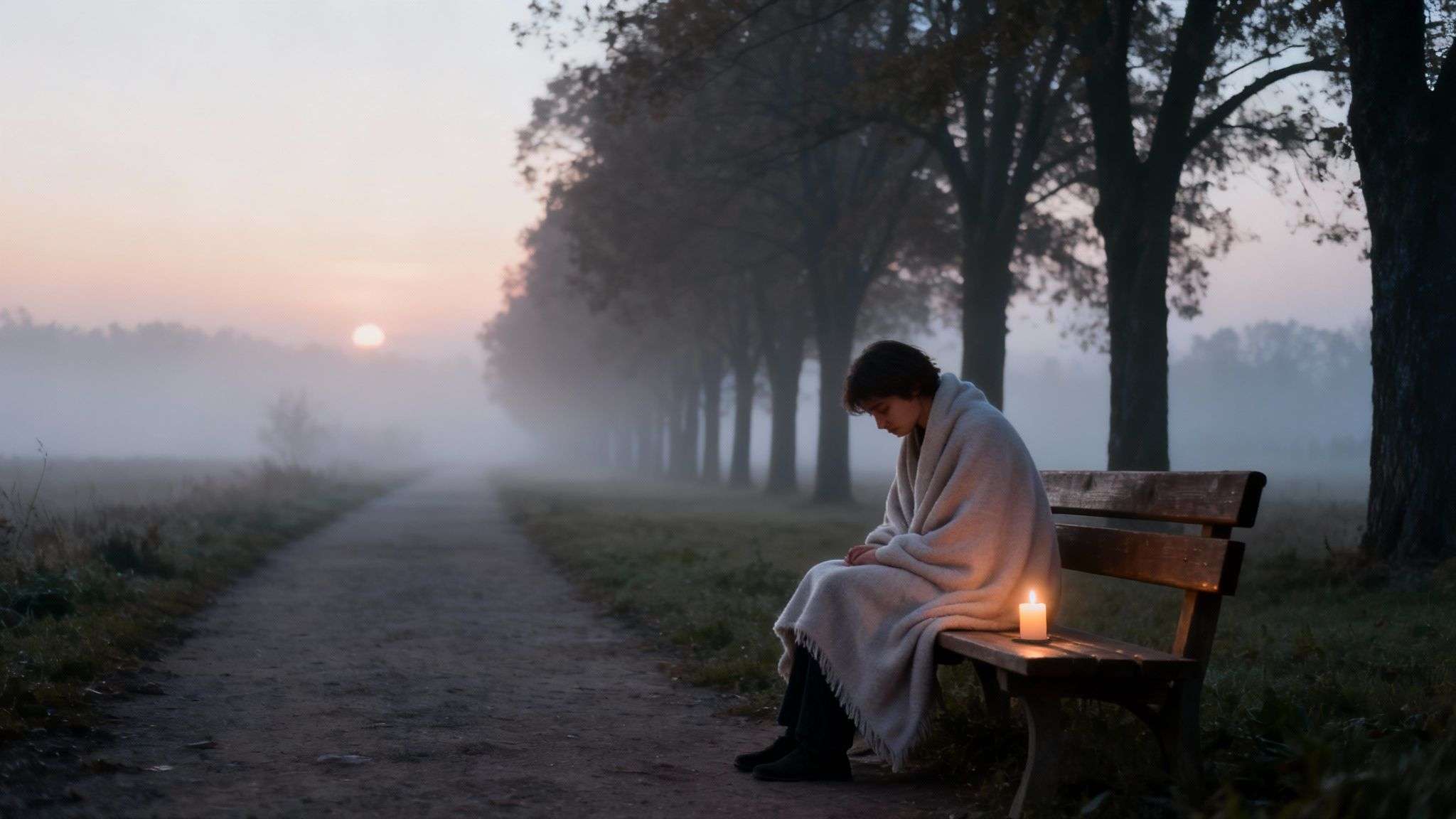 A person wrapped in a blanket sits on a bench with a lit candle during a misty sunrise.