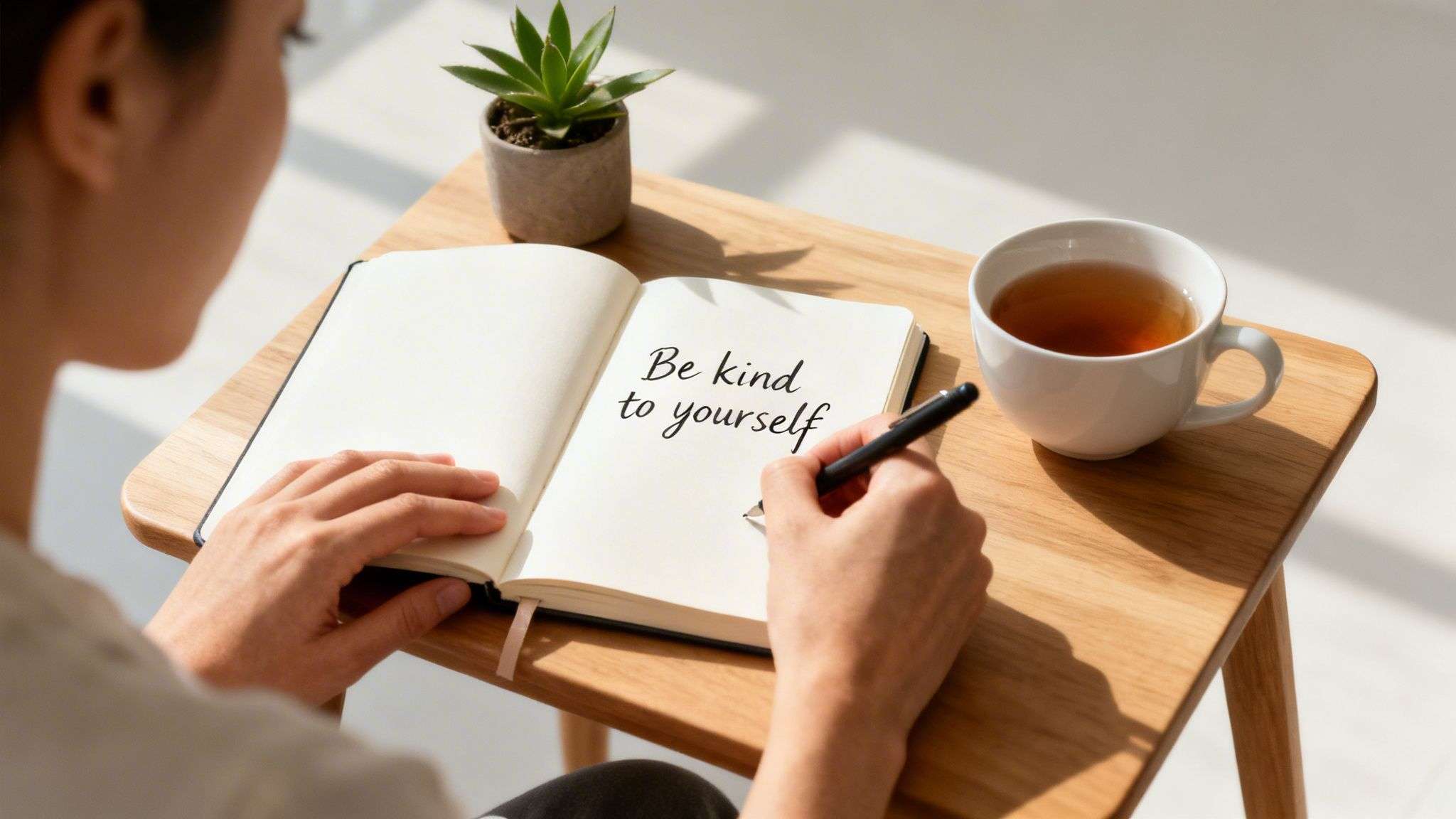 A person writes "Be kind to yourself" in a notebook on a wooden table with tea and a plant.
