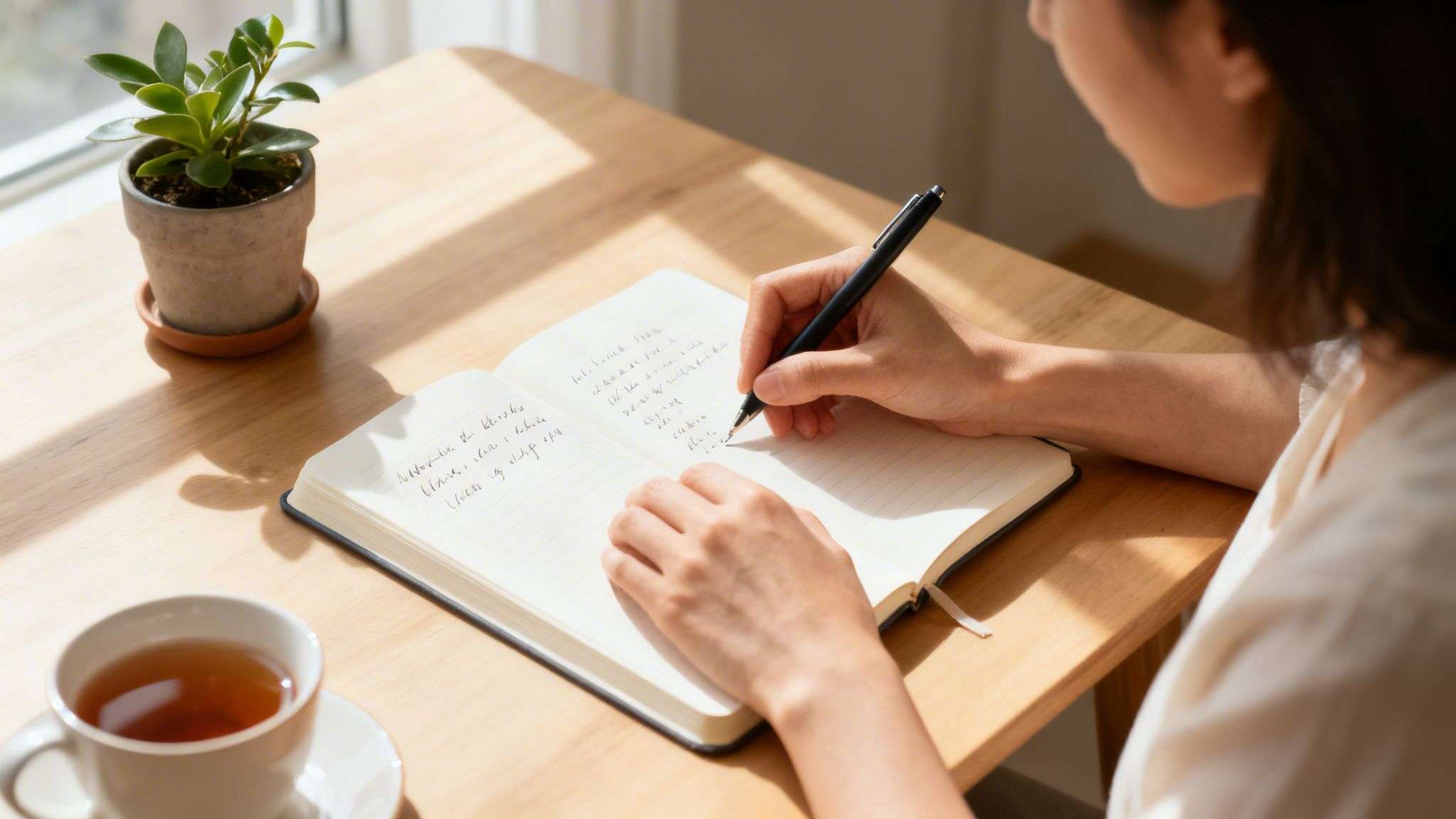 A person writes in a notebook on a sunlit wooden desk with a cup of tea and a small plant.
