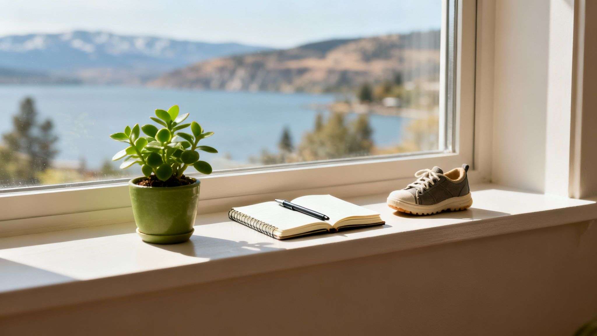 A plant, open notebook with pen, and shoe on a sunny window sill overlooking a lake.