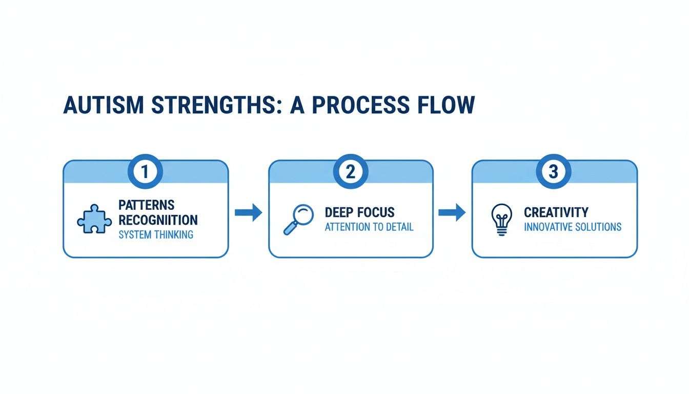 A process flow illustrating autism strengths: patterns recognition, deep focus, and creativity, linked by arrows.
