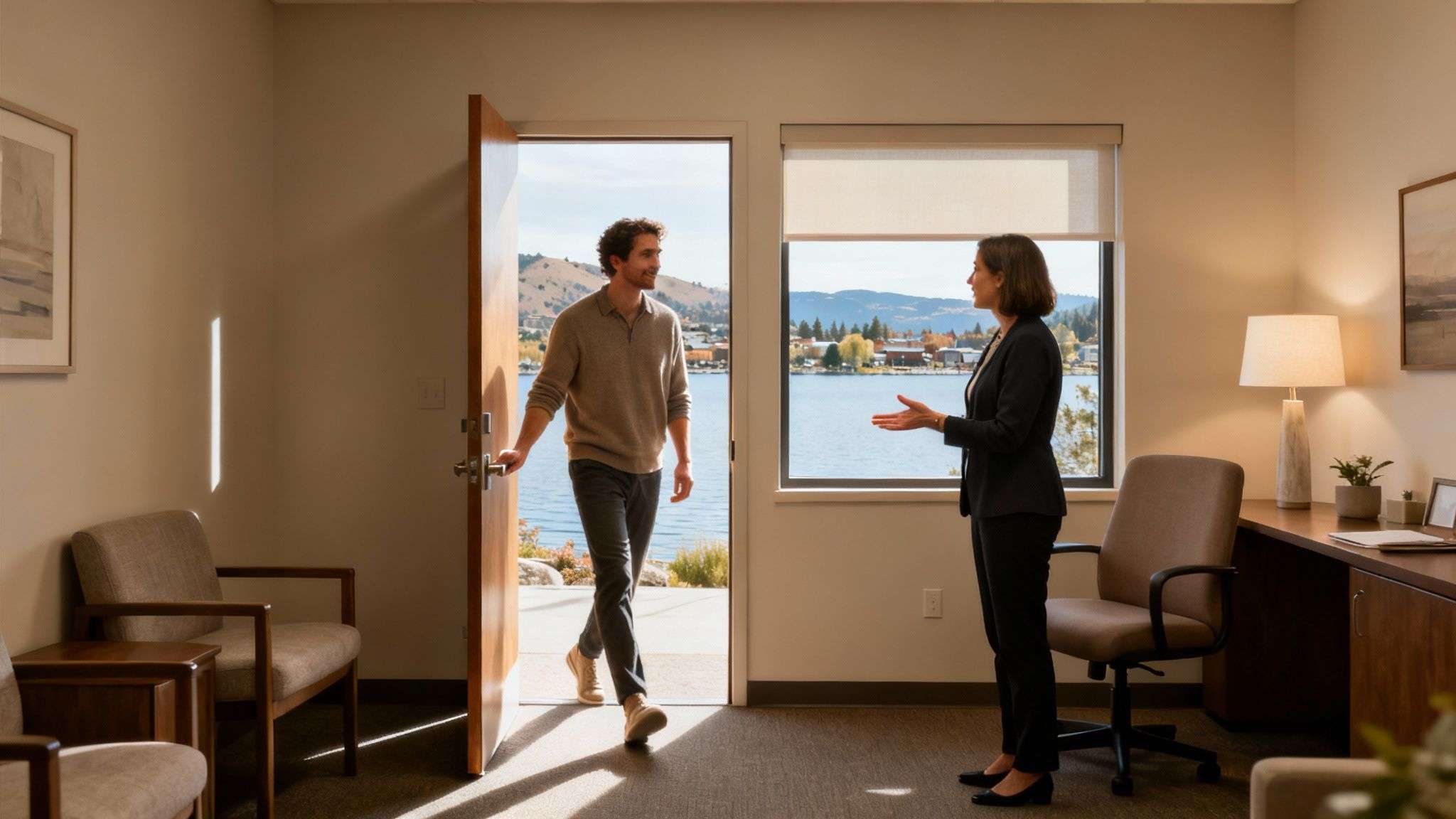 A professional woman welcomes a man into an office overlooking a beautiful lake and mountains.