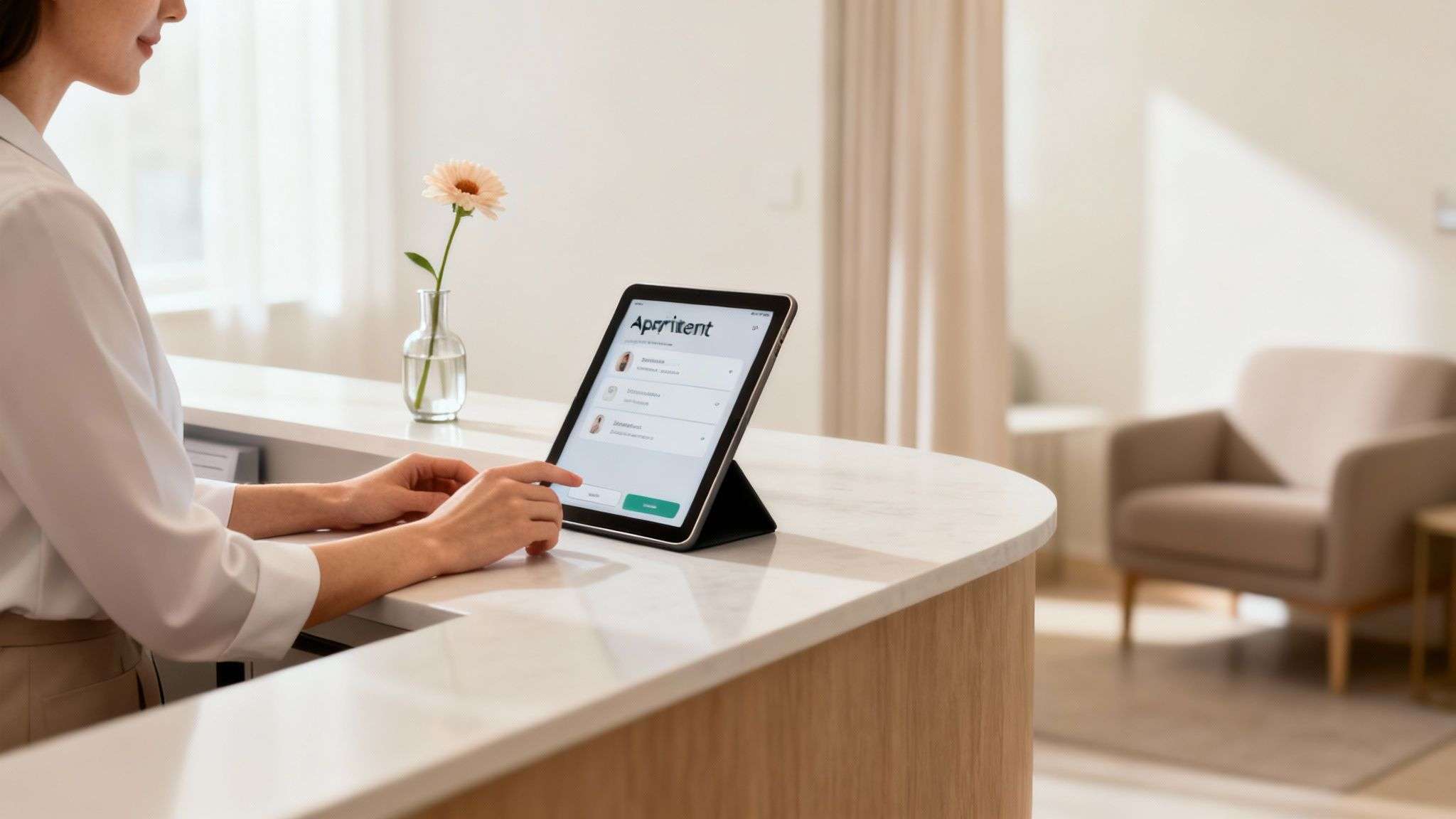 A receptionist interacts with a tablet showing "Aprritent" at a clean, bright clinic desk.
