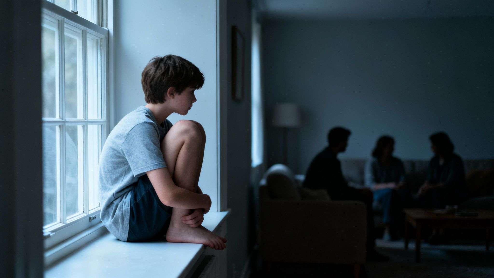 A sad boy sits on a windowsill, looking away from blurred adults discussing in a dark room.