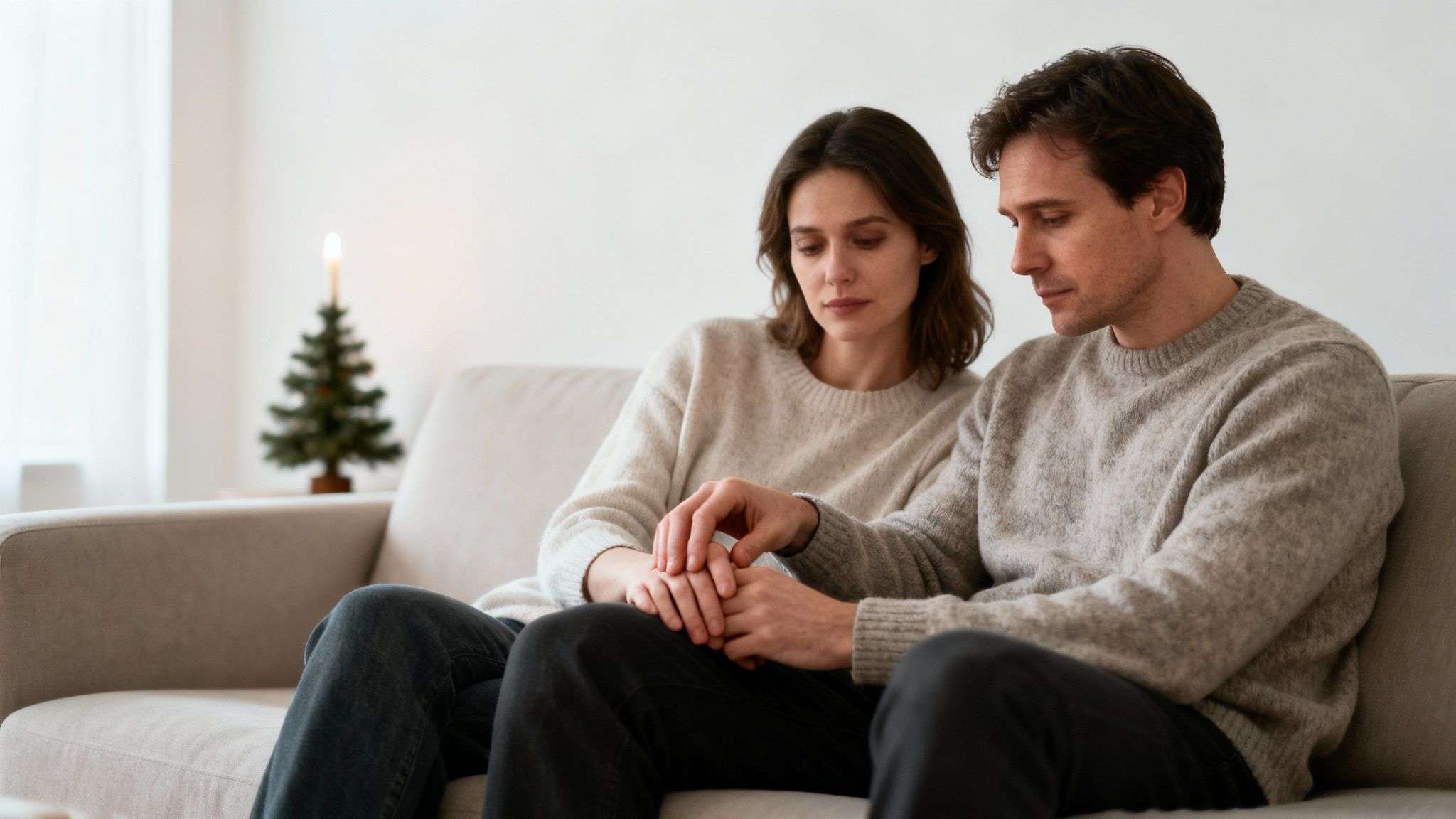 A sad couple sits on a couch, holding hands, with a small Christmas tree in the background.