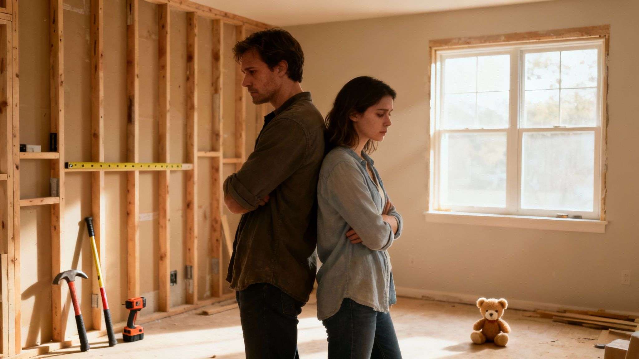 A sad couple stands back-to-back in an unfinished home renovation, surrounded by tools and a lonely teddy bear.