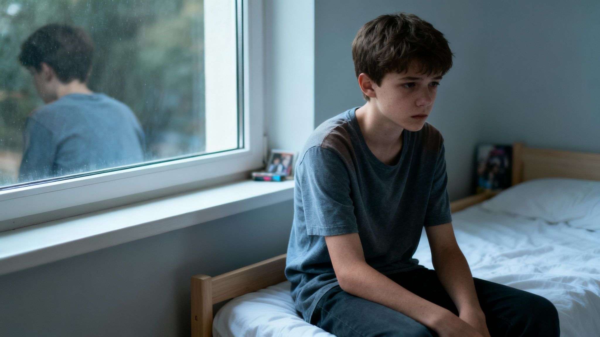 A sad teenage boy sits on a bed next to a window, his reflection visible.