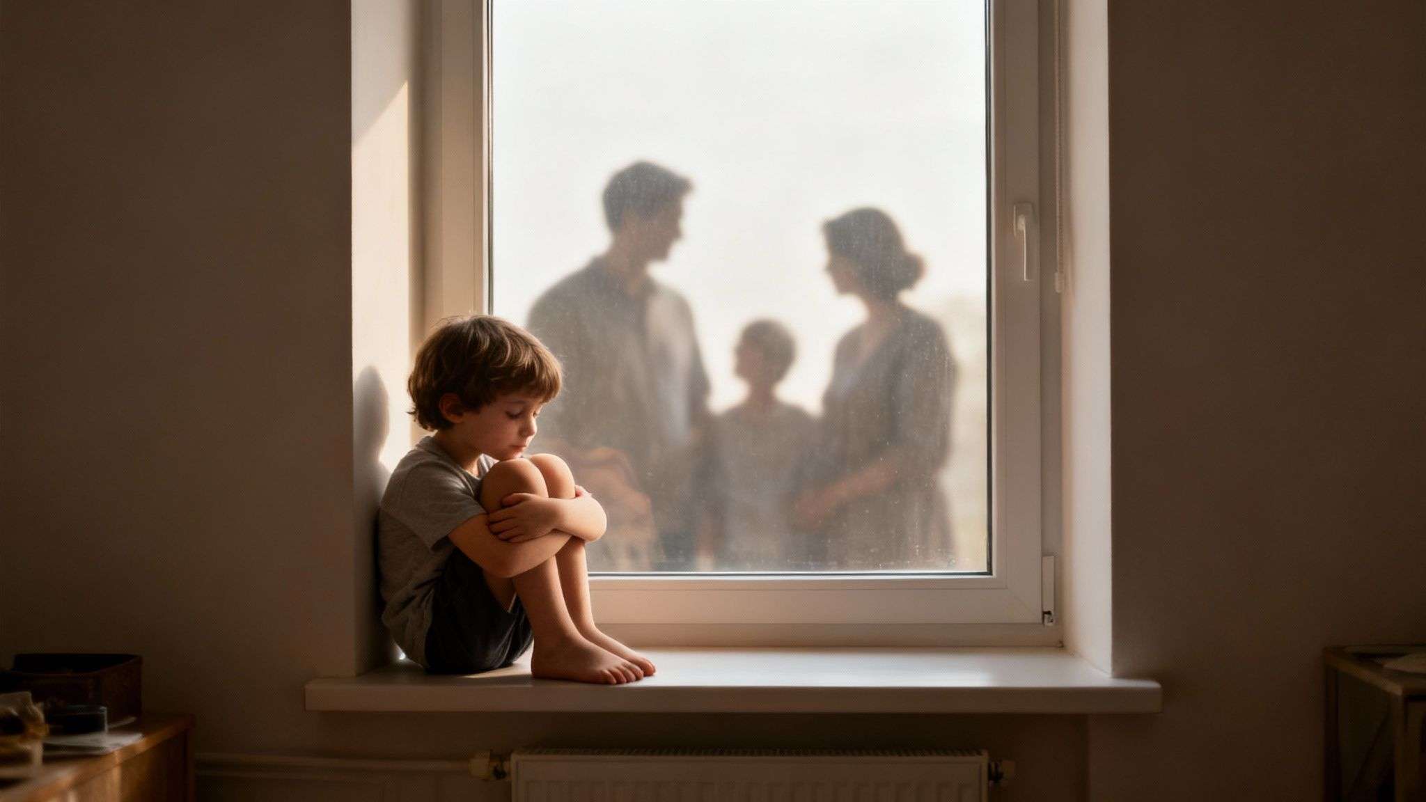A sad young boy sits alone on a sunlit window sill, with a blurry family silhouette visible through the window.