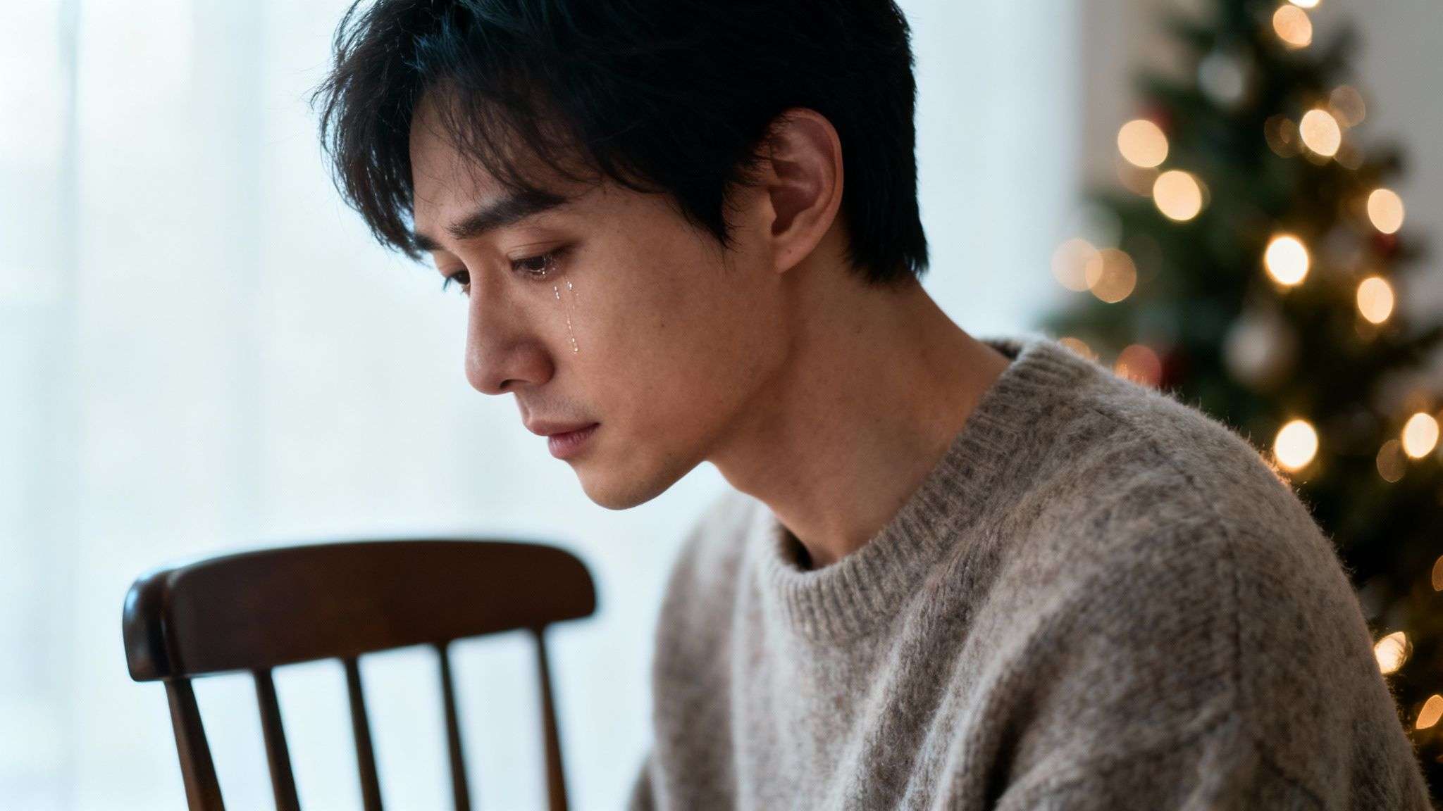 A sad young man crying with tears on his face, near a blurry Christmas tree.
