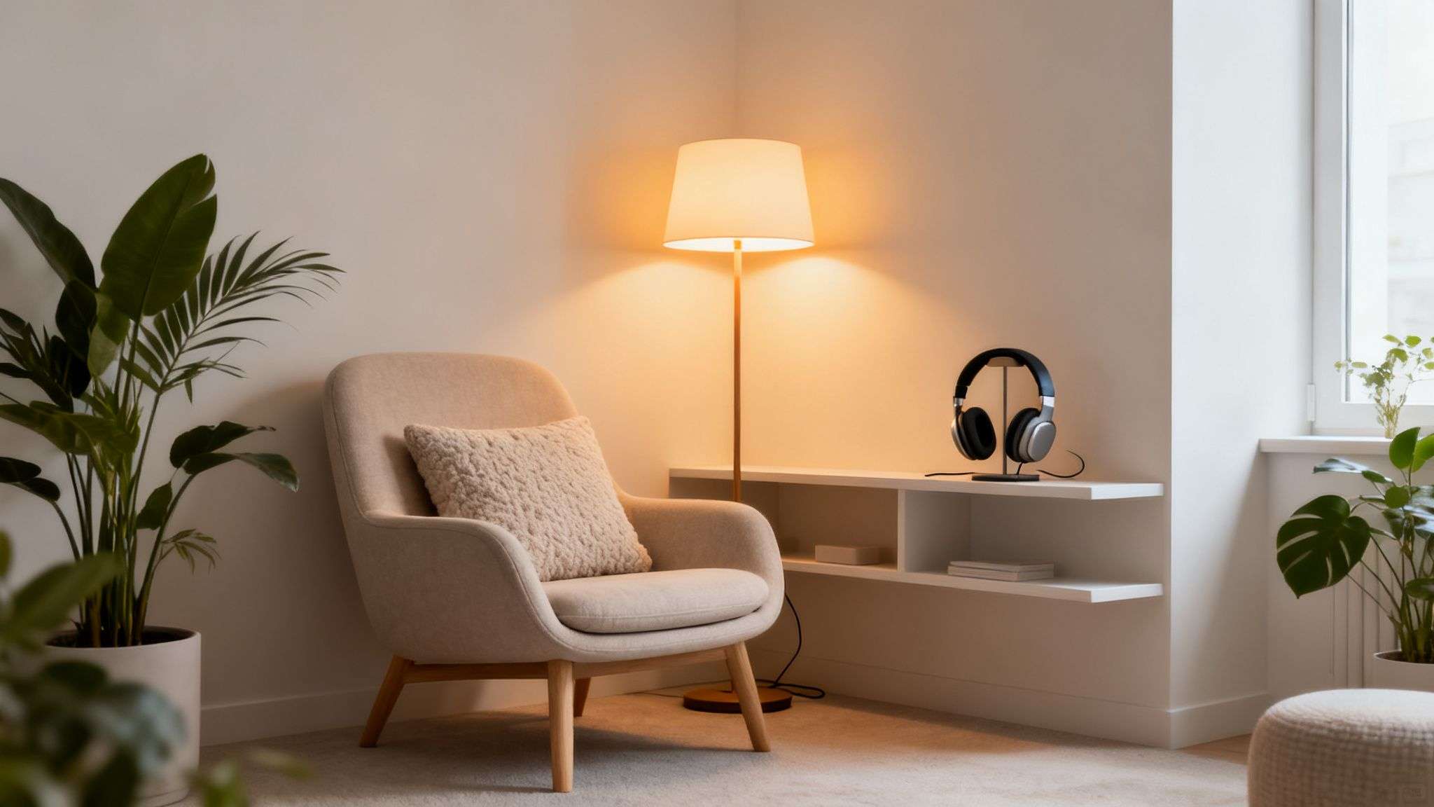 A serene reading nook with a beige armchair, warm floor lamp, potted plant, and headphones.