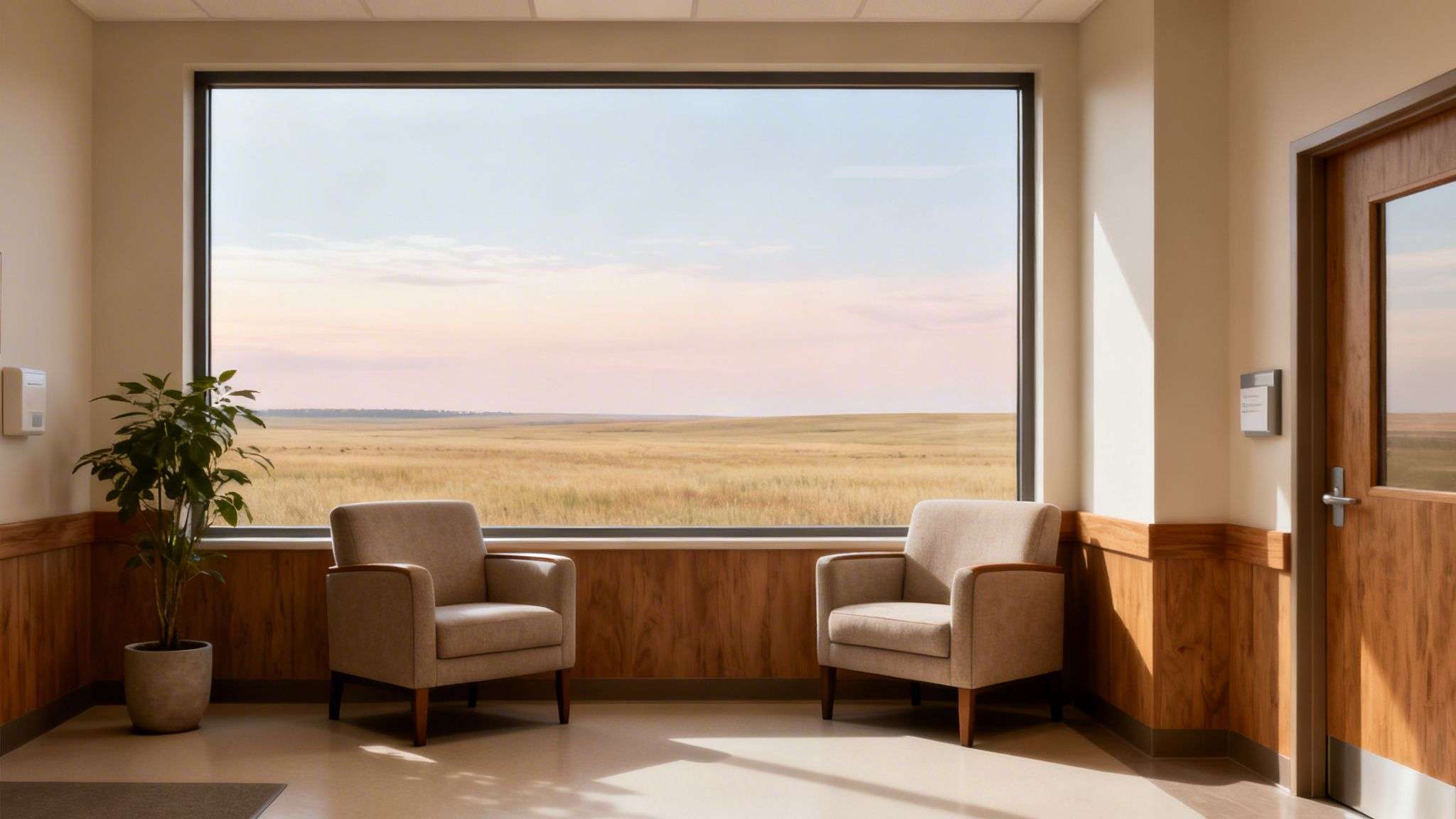 A serene waiting room with two armchairs facing a large window overlooking a vast golden field.