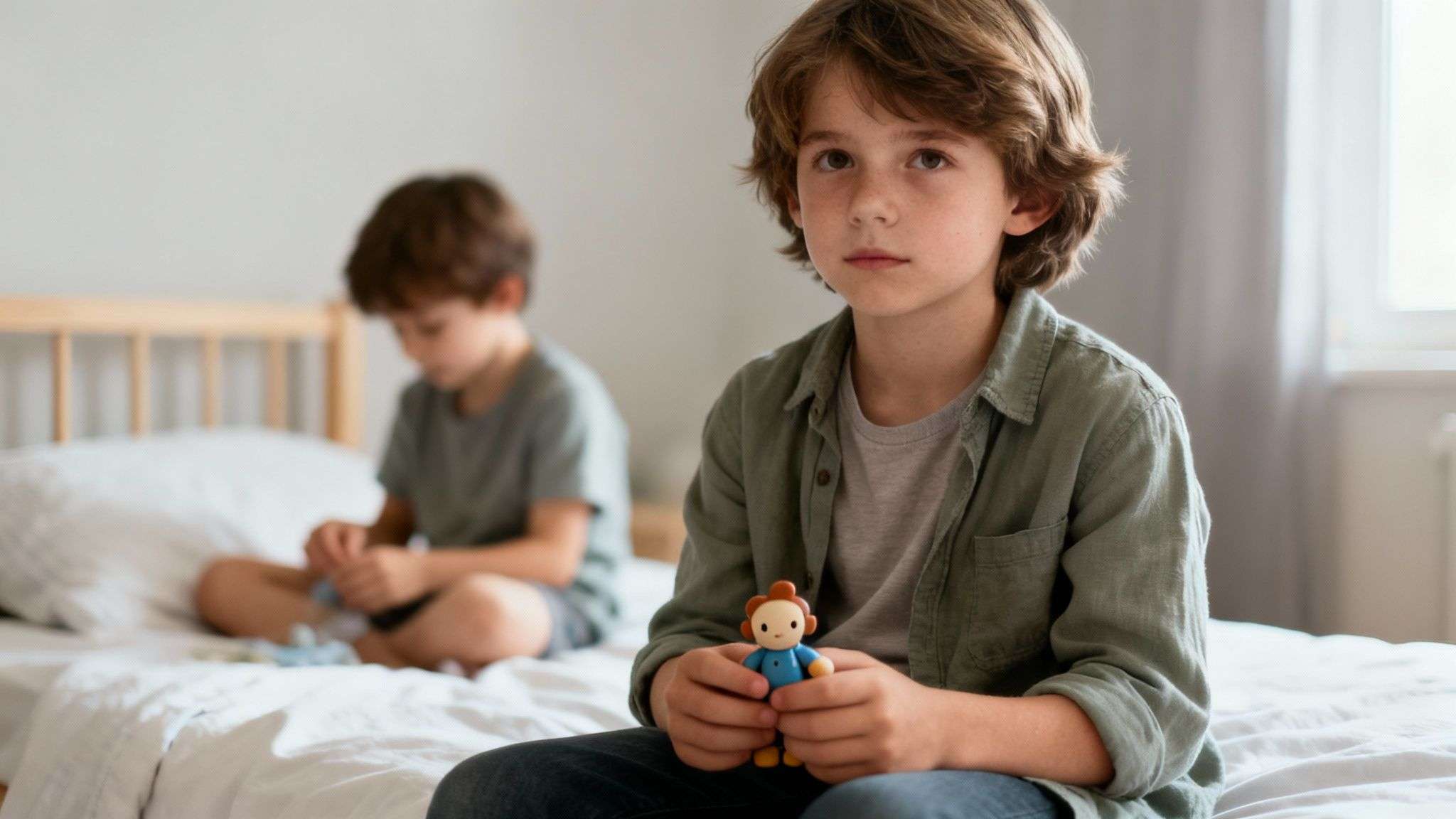 A serious young boy holds a toy doll, while his brother plays in the blurred background on a bed.